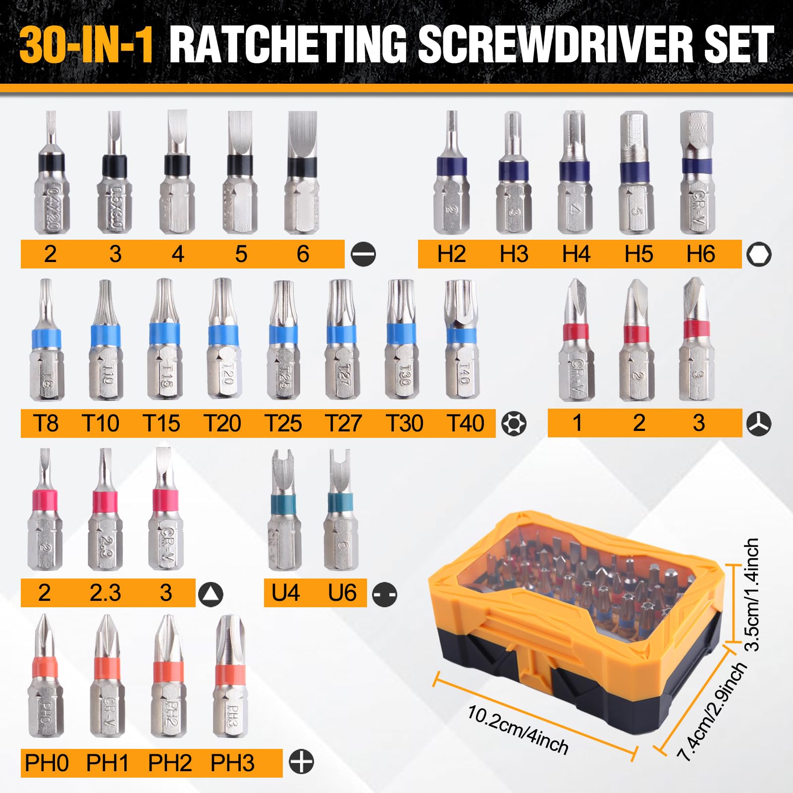 LEONTOOL Tournevis Mini Cliquet 1/4 32 pièces 72 dents