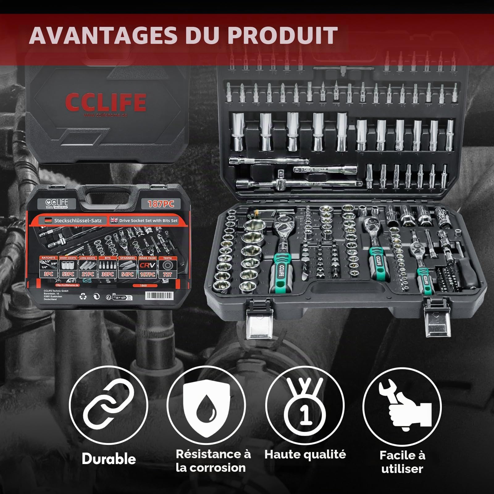 CCLIFE Coffret Douilles 187 Pièces Cliquet 72 Dents CR-V