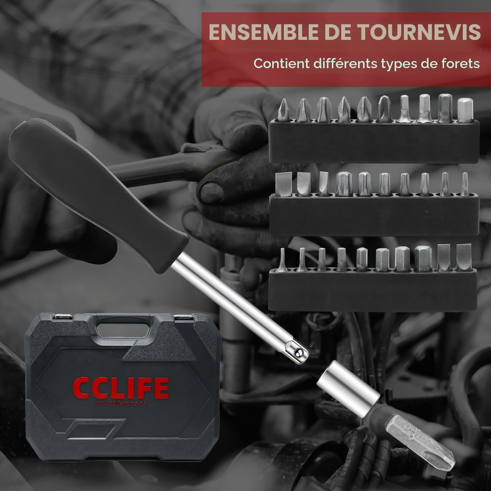 CCLIFE Coffret Douilles 187 Pièces Cliquet 72 Dents CR-V