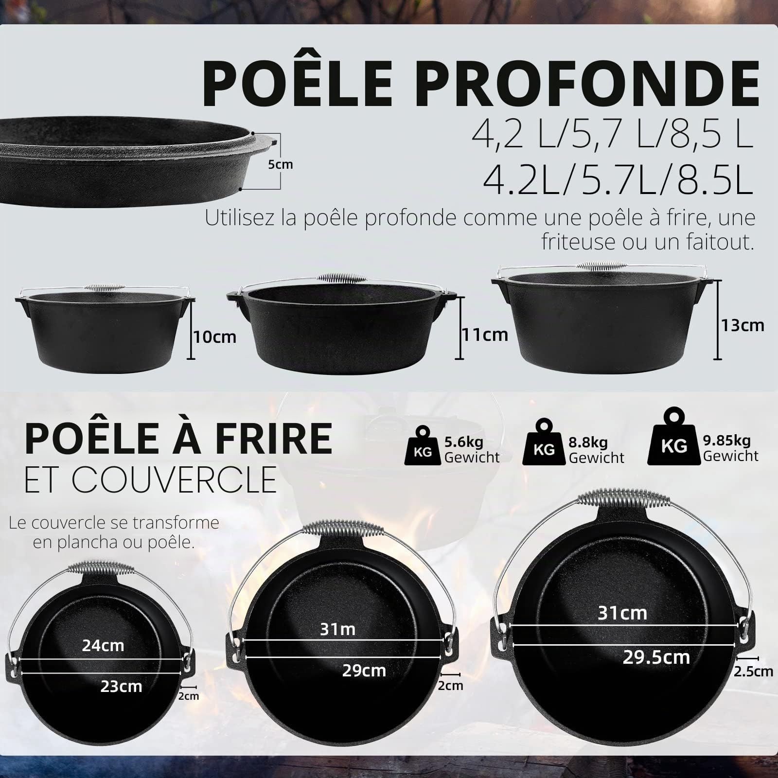 CCLIFE DIY Tools Dutch Oven faitout fonte camping avec couvercle