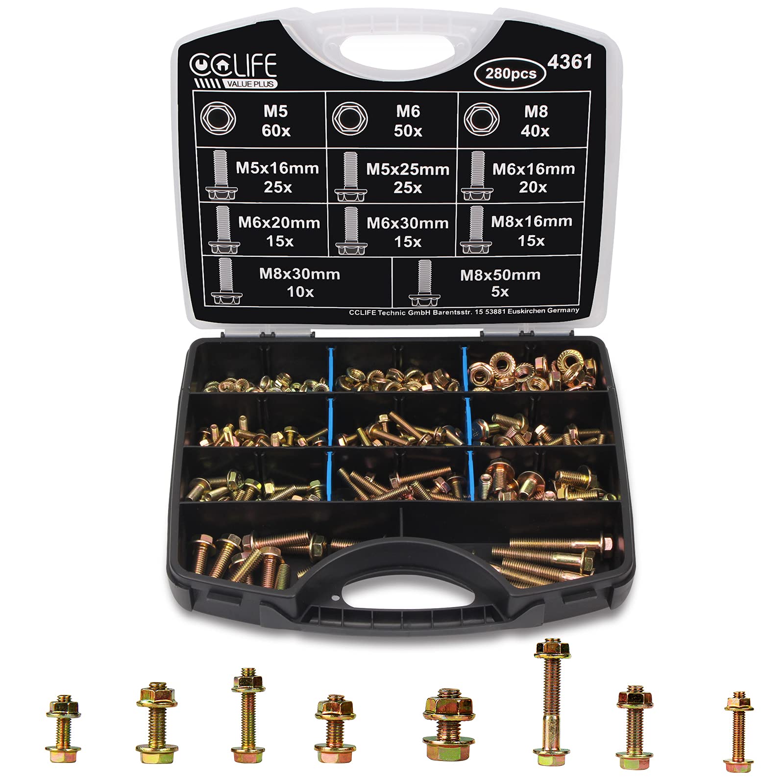 CCLIFE DIY Tools Coffret 280 Boulons à Bride M5 M6 M8 Galvanisé