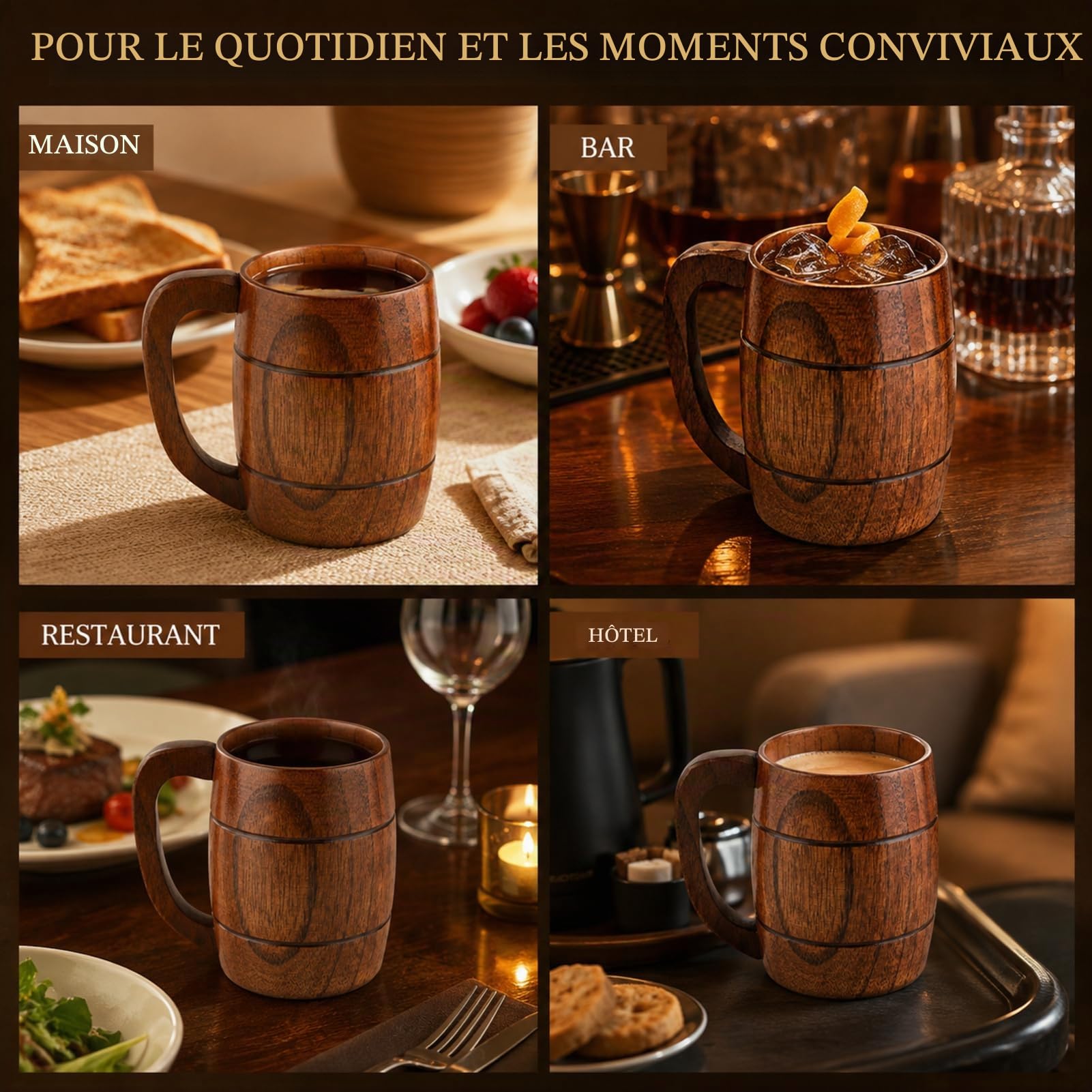 Jadeshay Tasse en Bois 350ml Chope Bière Rétro