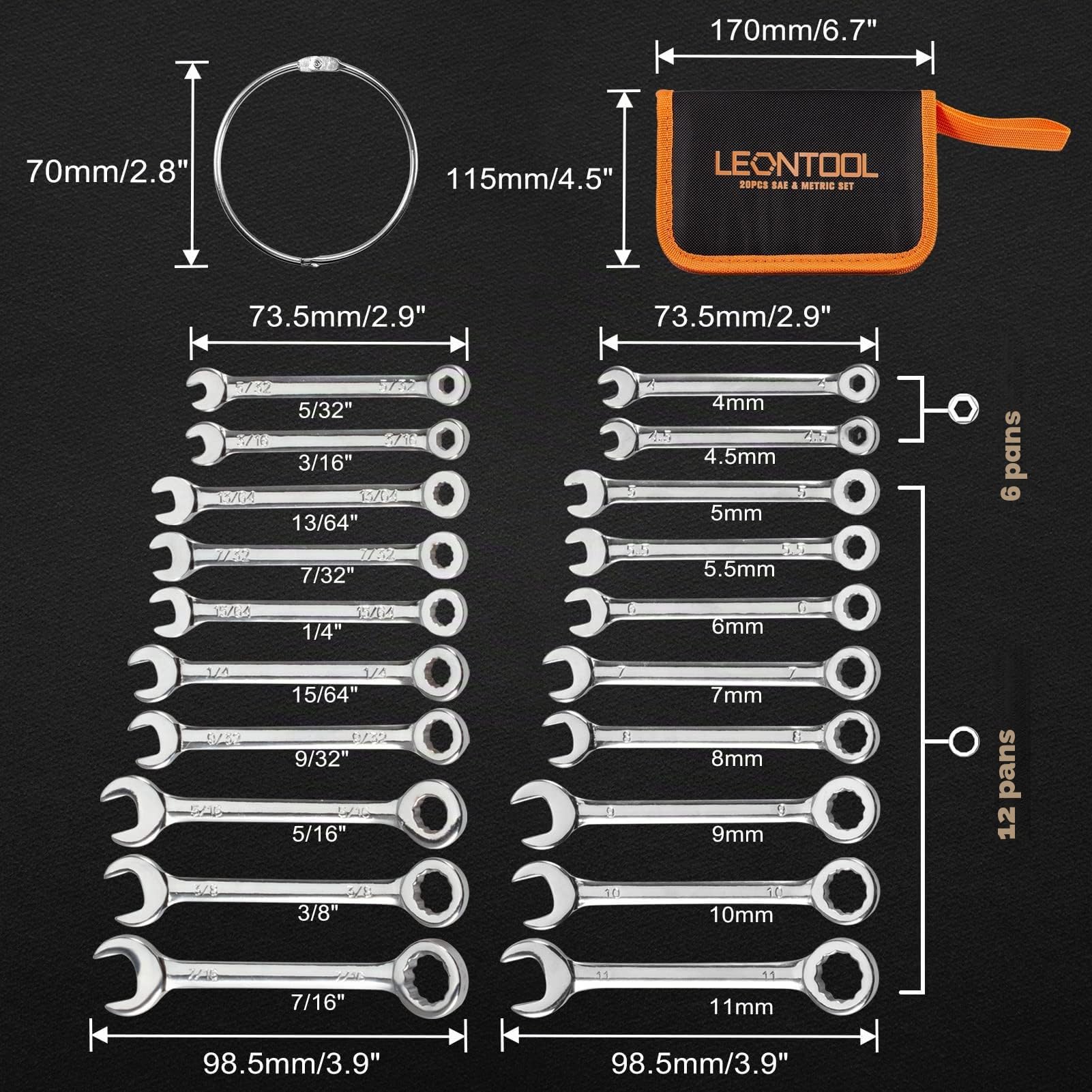 LEONTOOL Clés à Molette jeu 20 mini clés métrique SAE