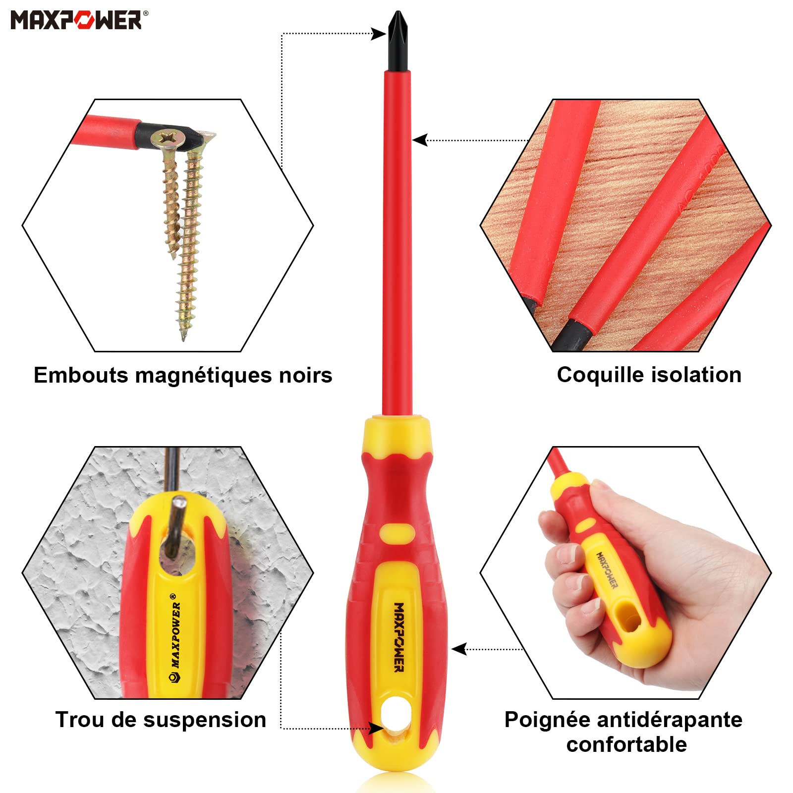 MaxPower Outils isolés 7 tournevis 1000V VDE + testeur