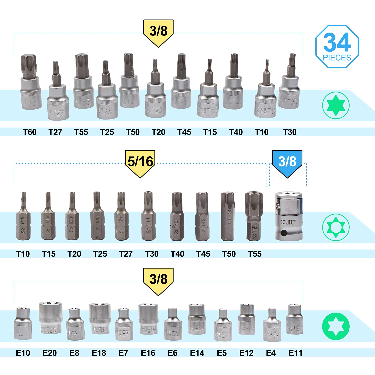 CCLIFE Socket and Bit Sets coffret torx E4-E20 T10-T60 34 pcs