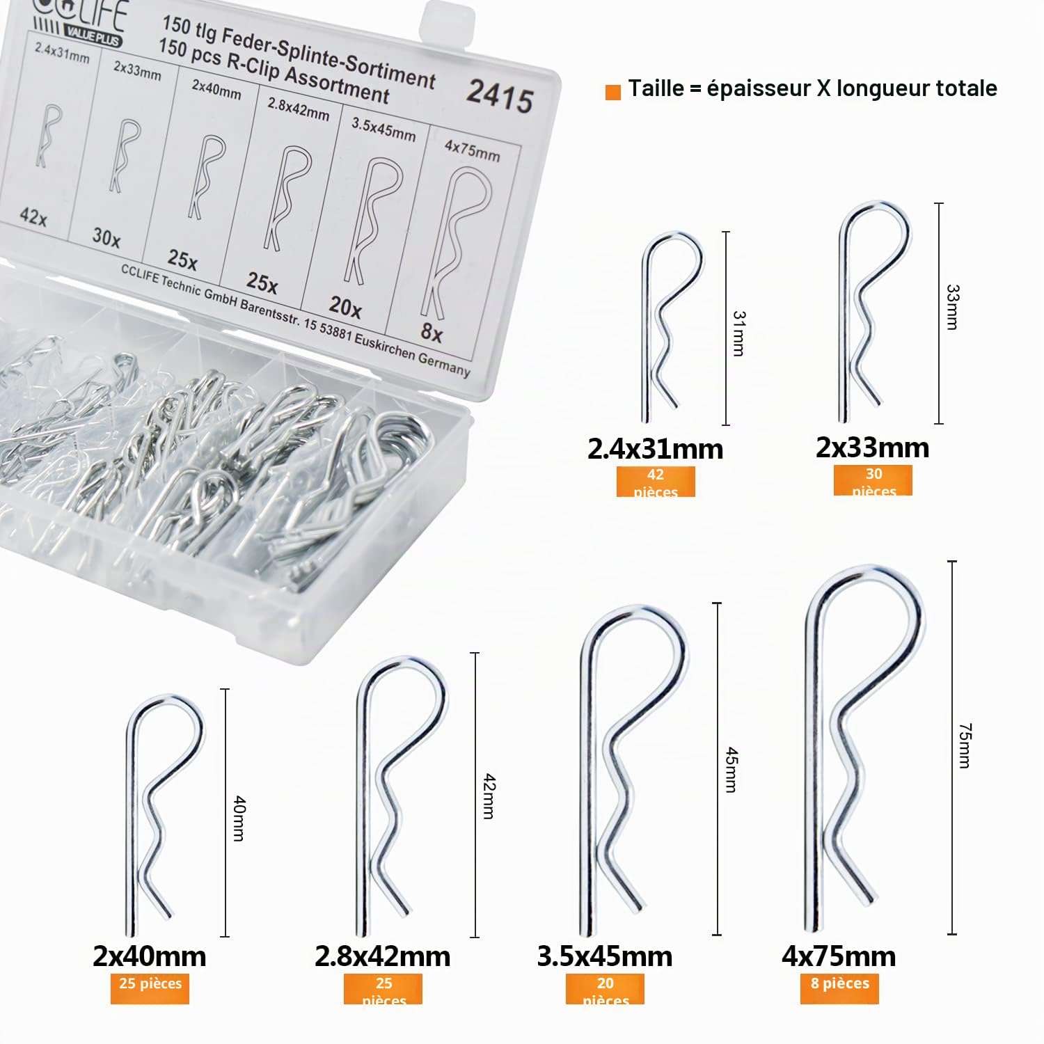 CCLIFE DIY Tools Goupilles clips R zinguées 150 pièces