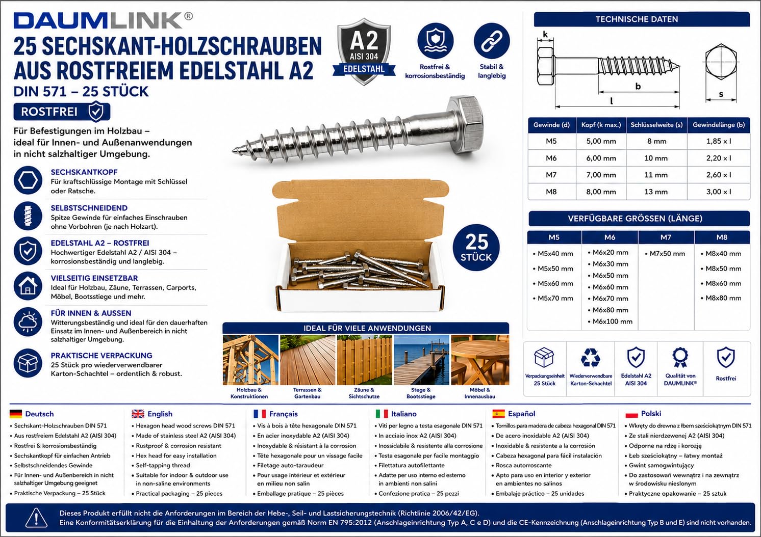 DAUMLINK Vis tirefond M8x50 inox A2 lot 25 bois