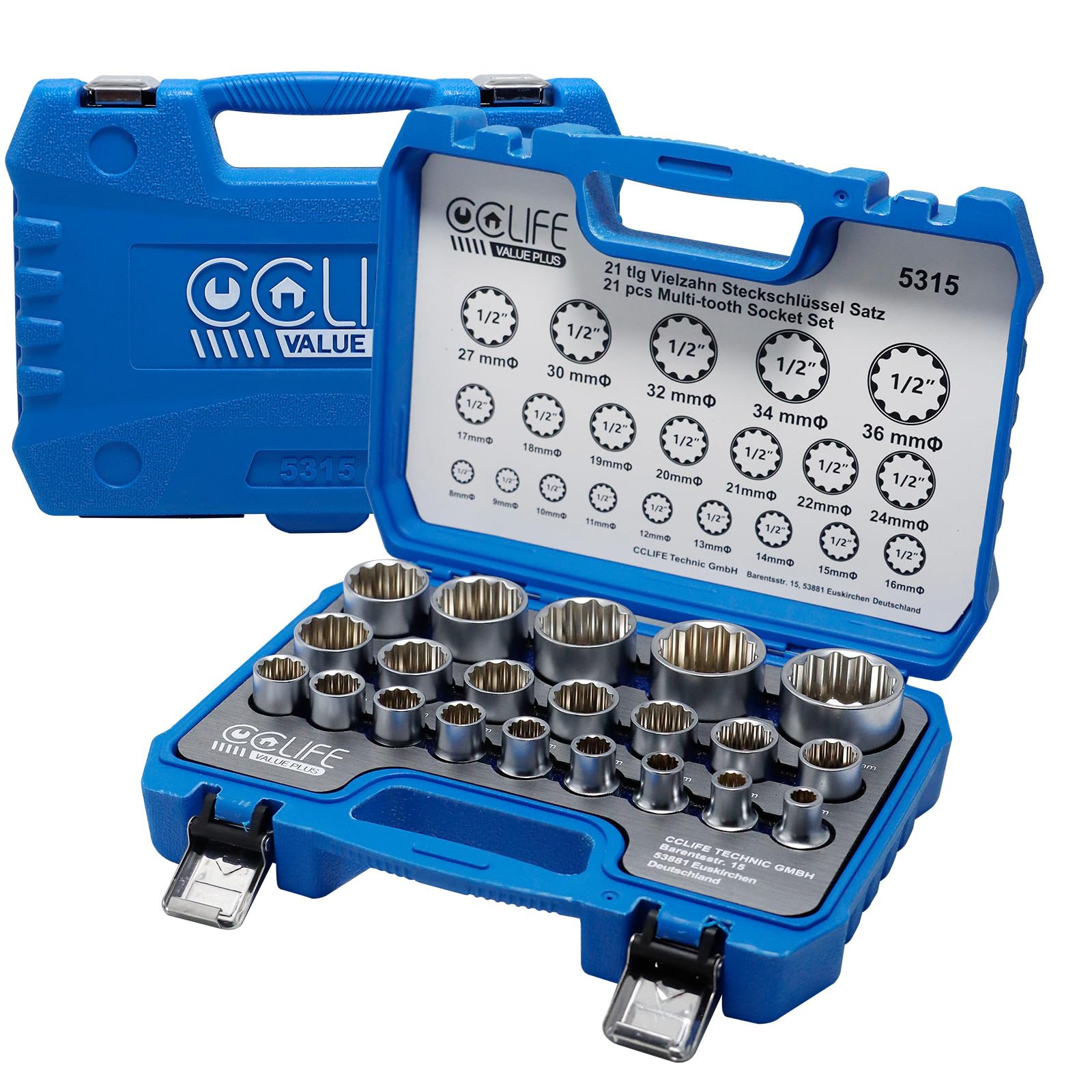 CCLIFE Socket and Bit Sets coffret douilles 1/2 21 pcs Cr-V