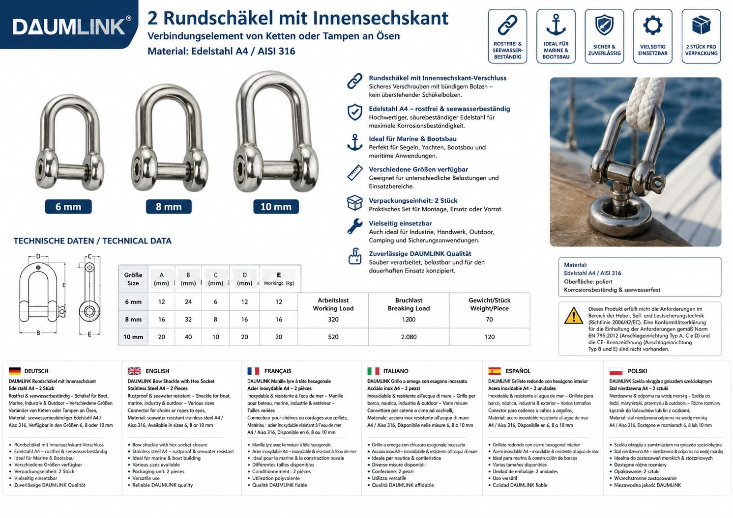 DAUMLINK Manilles manille ronde 8 mm inox A4 lot 2