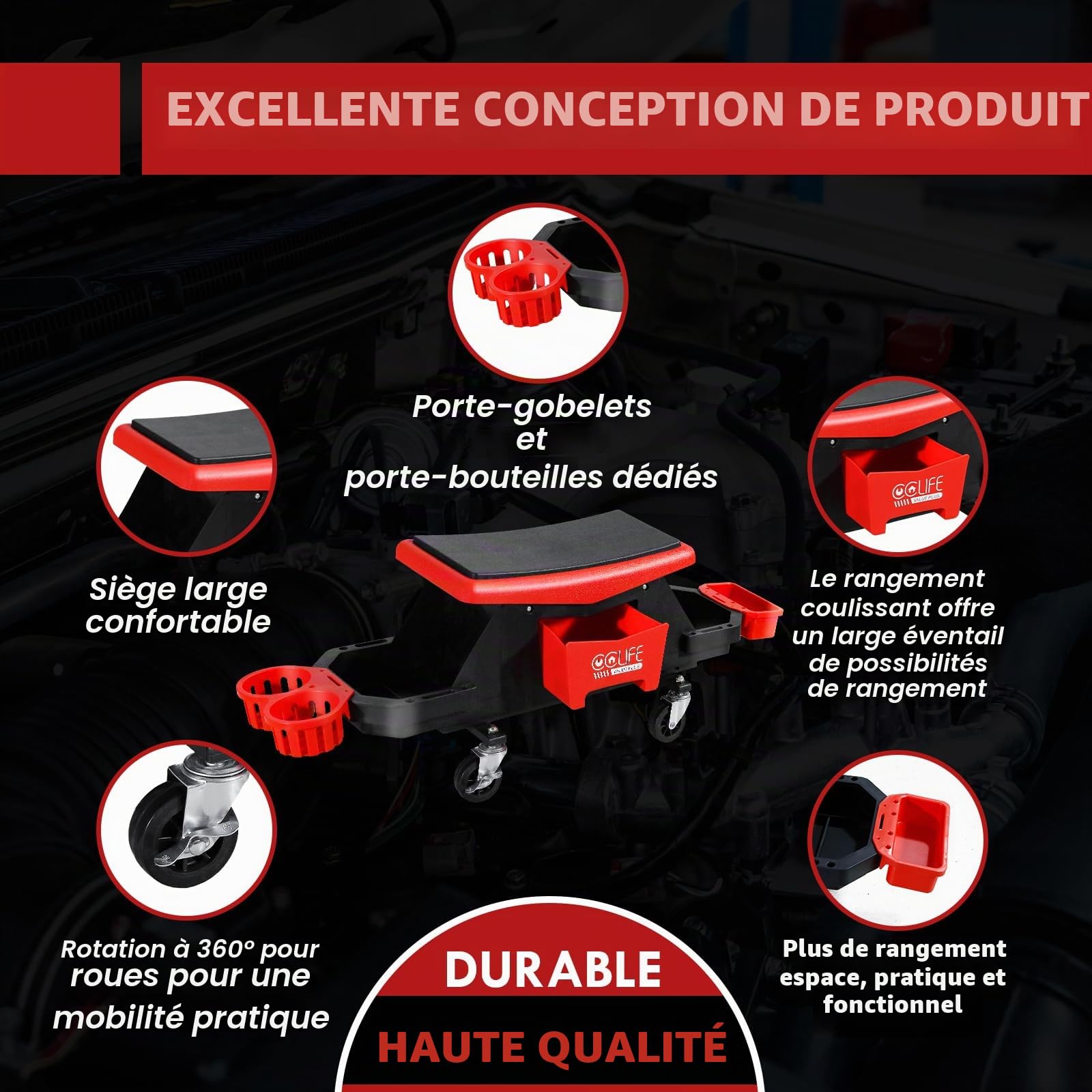 CCLife DIY Tools tabouret mécanicien roulant 180 kg avec tiroir