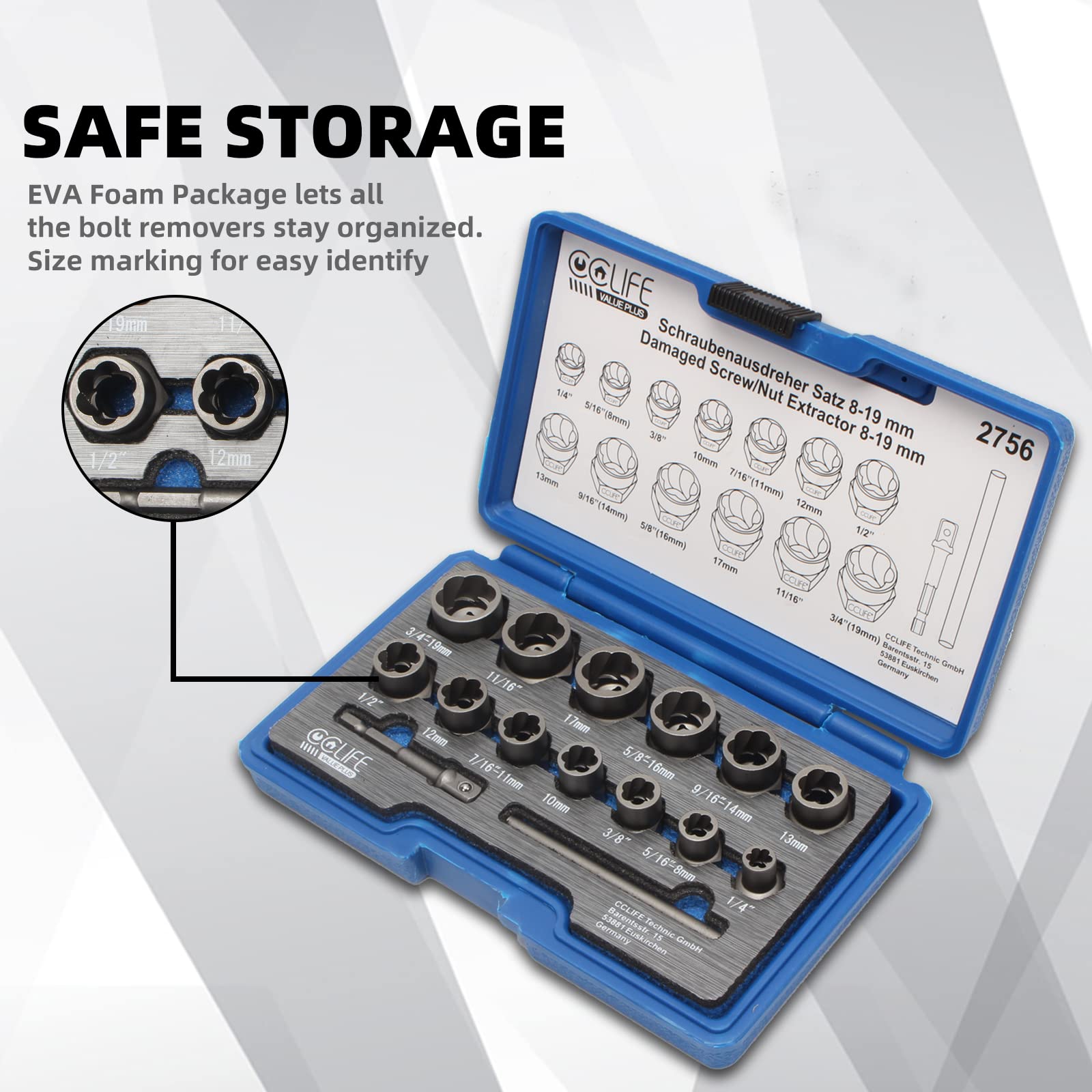 CCLIFE Locking Wheel Nut Removal coffret extracteur 15 pièces 8-19mm