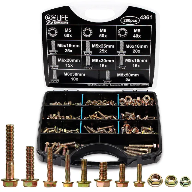 CCLIFE DIY Tools Coffret 280 Boulons à Bride M5 M6 M8 Galvanisé