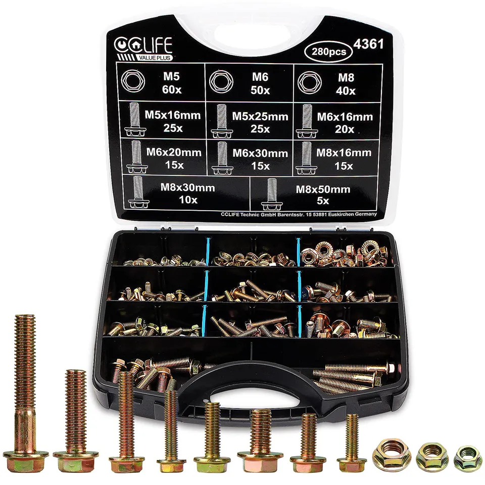 CCLIFE DIY Tools Coffret 280 Boulons à Bride M5 M6 M8 Galvanisé