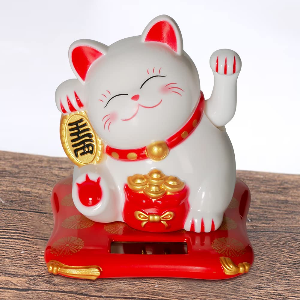 Jadeshay Lucky Cat Chat Solaire Blanc Maneki Neko