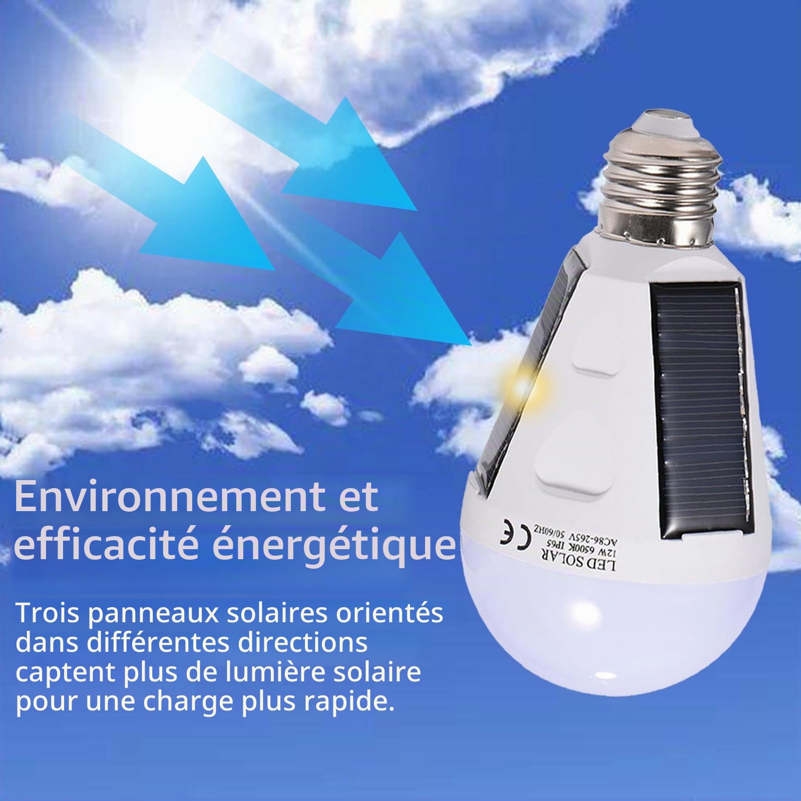 OUKENS Ampoule LED solaire E27 12W portable IP65