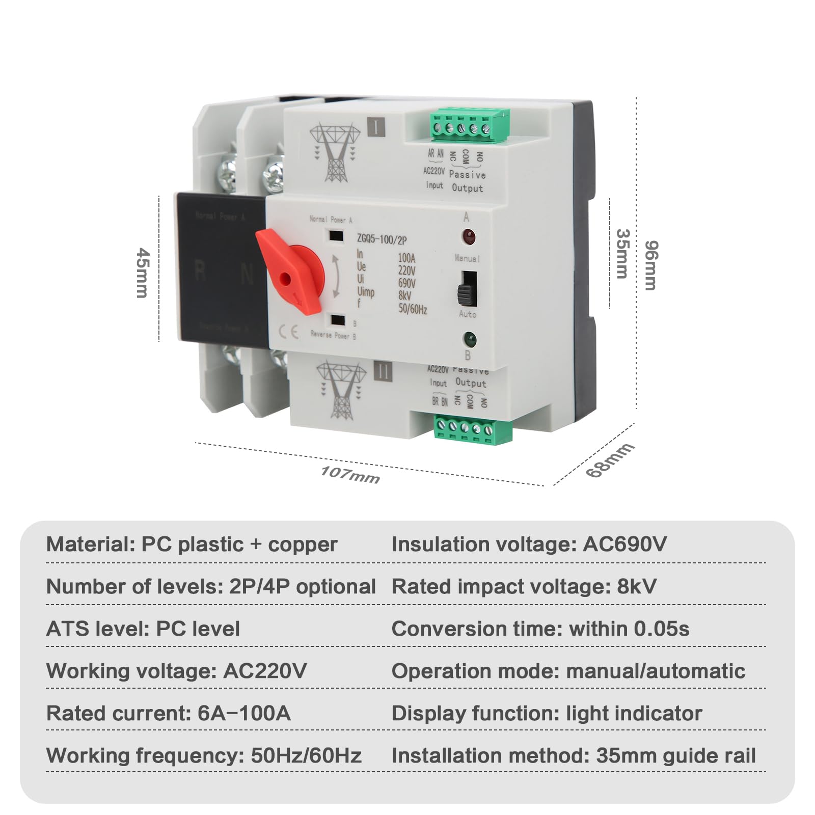 Jadeshay Installation Électrique Inverseur ZGQ5-100/2P 100A