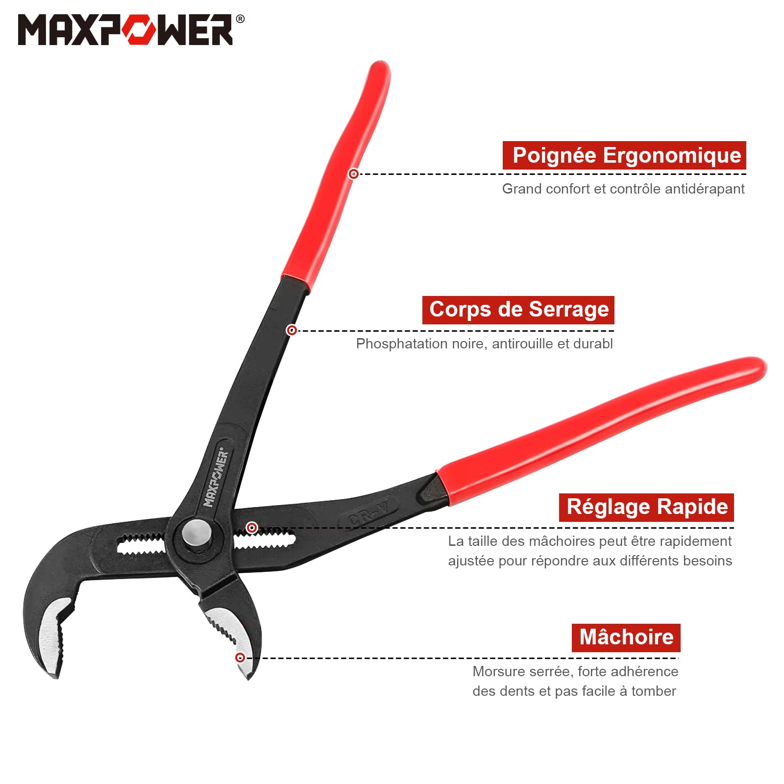 MaxPower Outils de plomberie pinces multiprises 3 pcs Cr-V