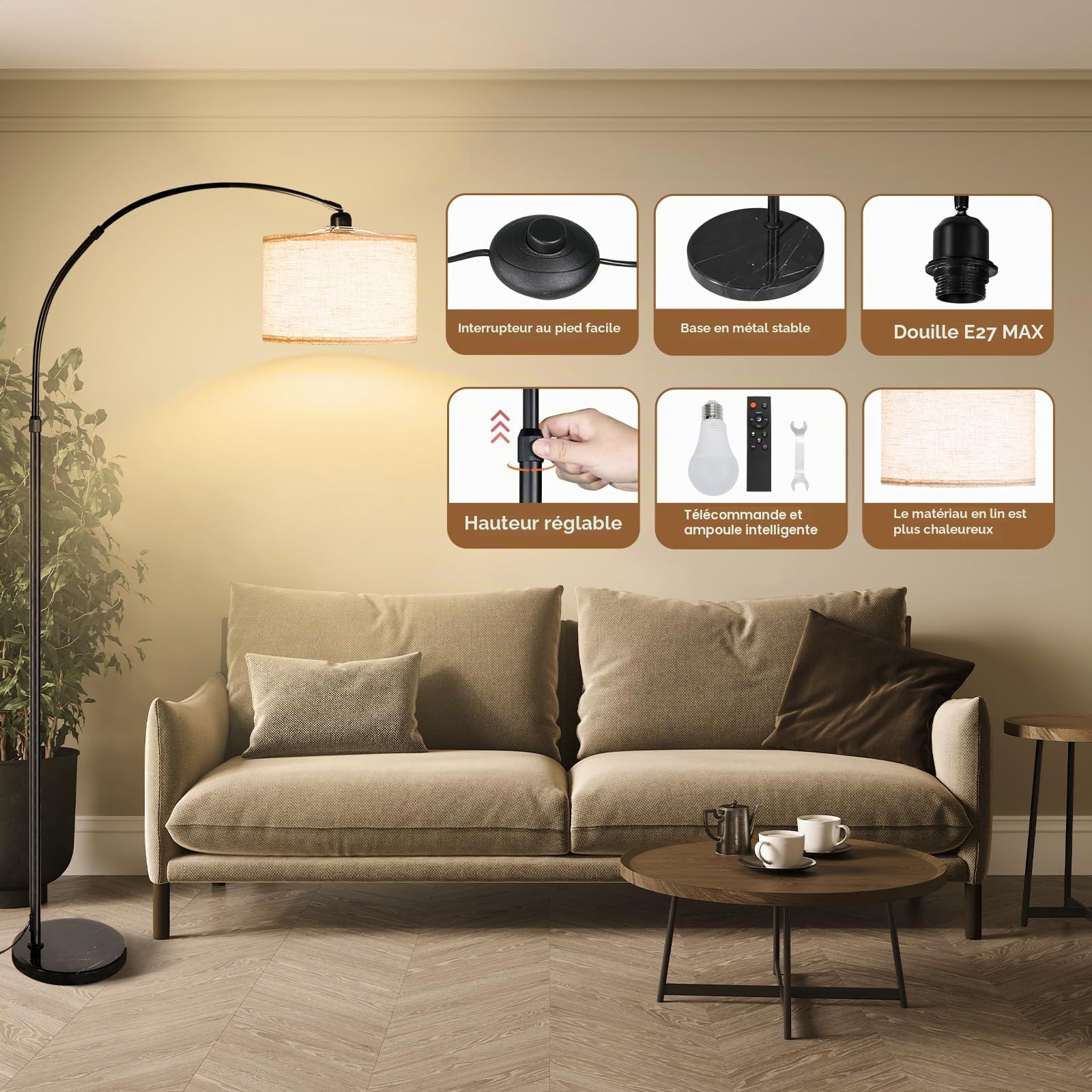 CCLIFE DIY Tools Lampadaire Salon LED E27 Beige 165-175cm