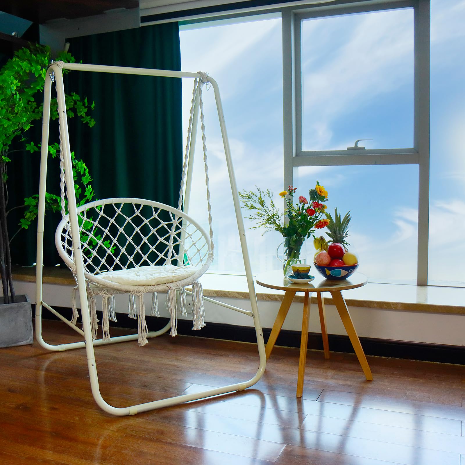 CCLIFE Fauteuil suspendu macramé beige 100 kg avec support
