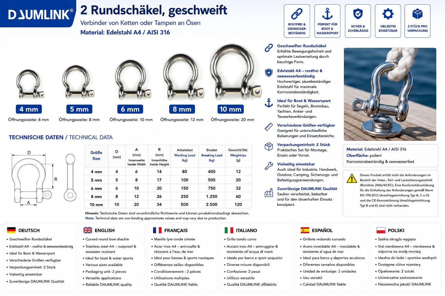DAUMLINK Manille lyre inox A4 4 mm lot de 2 marine