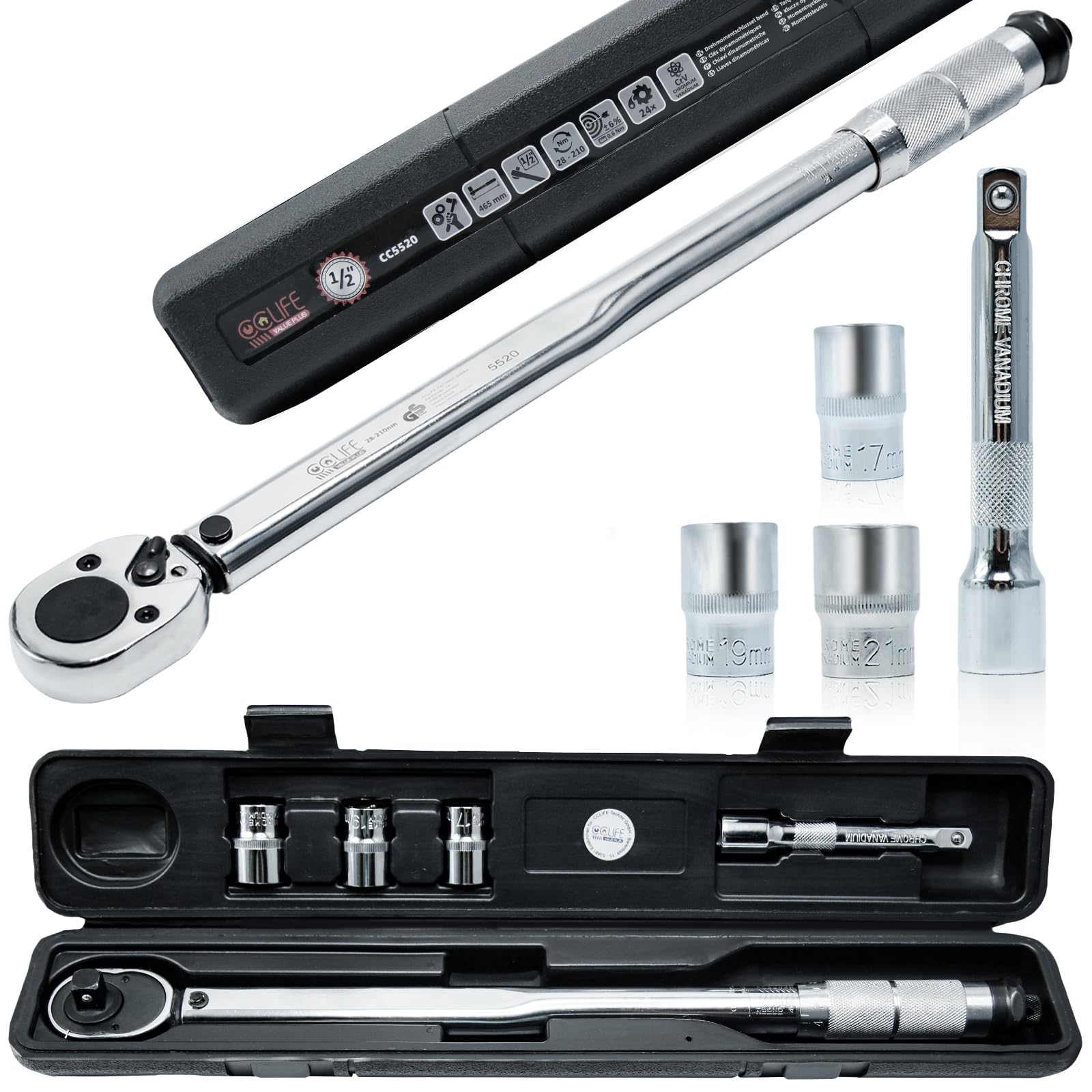 CCLIFE Wrenches clé dynamométrique 1/2 28-210 Nm kit 5 pièces