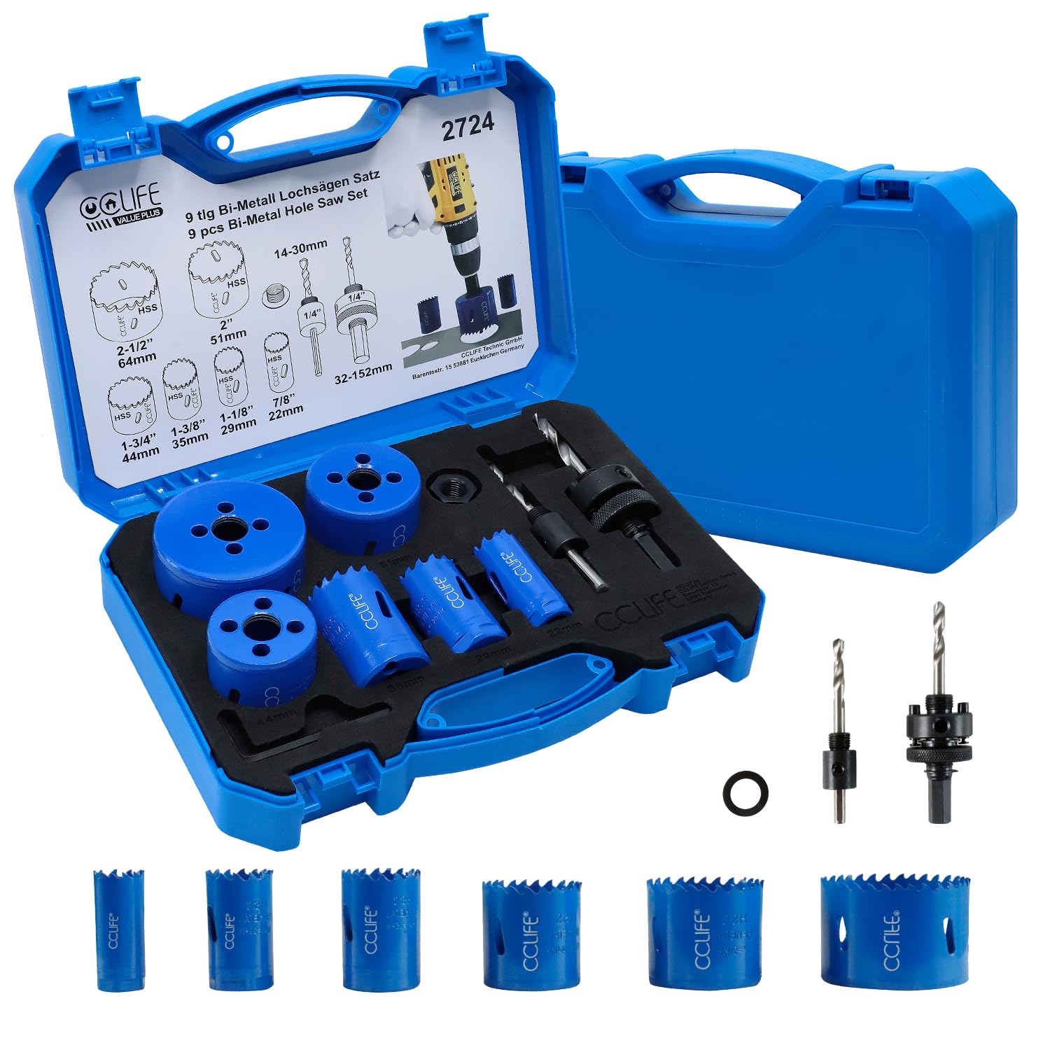 CCLIFE DIY Tools coffret scies cloches 9 pcs 22-64mm bi-métal