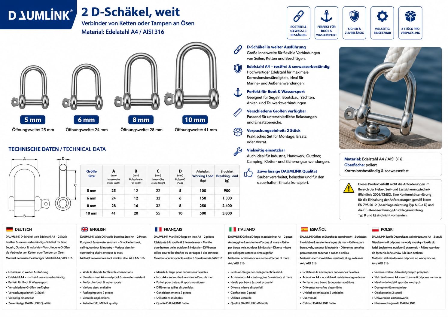 DAUMLINK Manilles manille D large inox 10 mm lot 2
