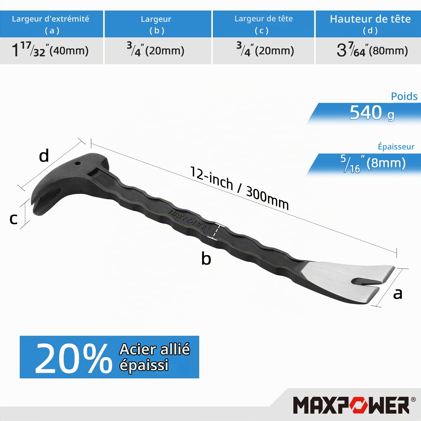 MaxPower Outils de frappe Pied de Biche Lot 2 Noir 300+380mm