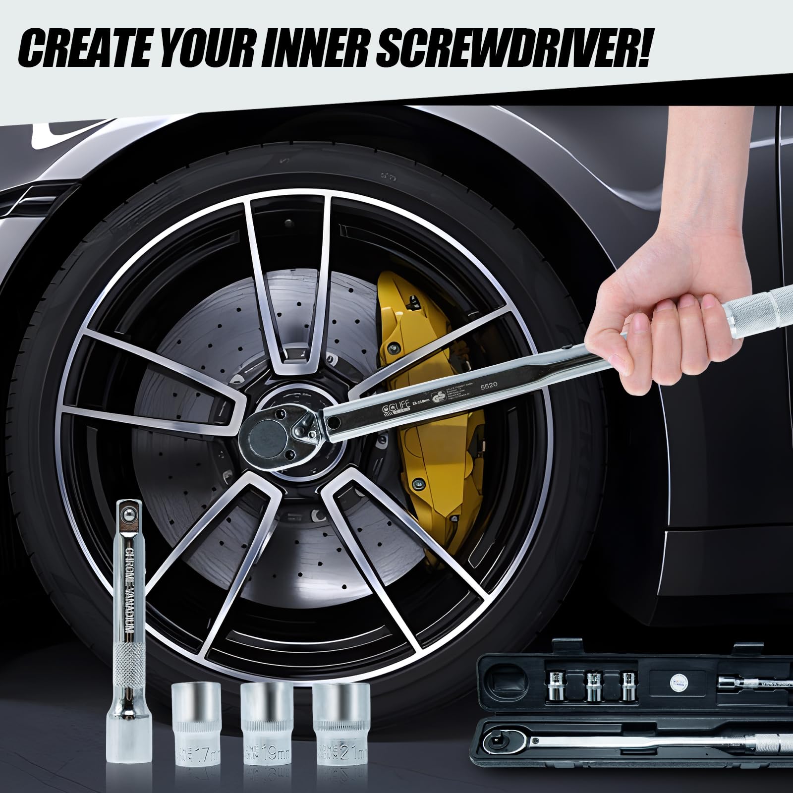 CCLIFE Wrenches clé dynamométrique 1/2 28-210 Nm kit 5 pièces