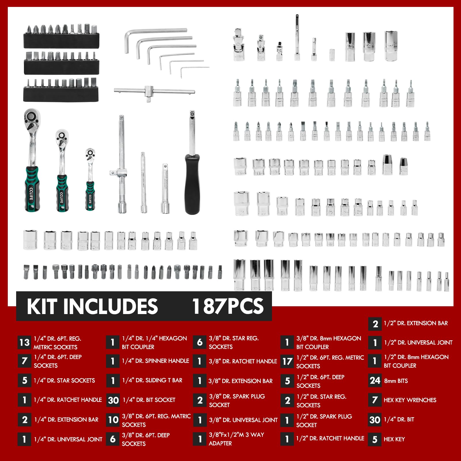 CCLIFE Coffret Douilles 187 Pièces Cliquet 72 Dents CR-V