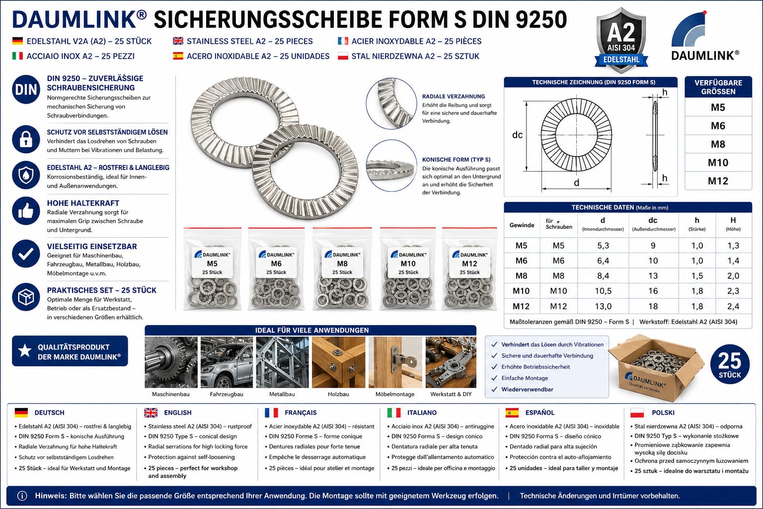 DAUMLINK Rondelles sécurité DIN 9250 M8 inox A2 lot 25