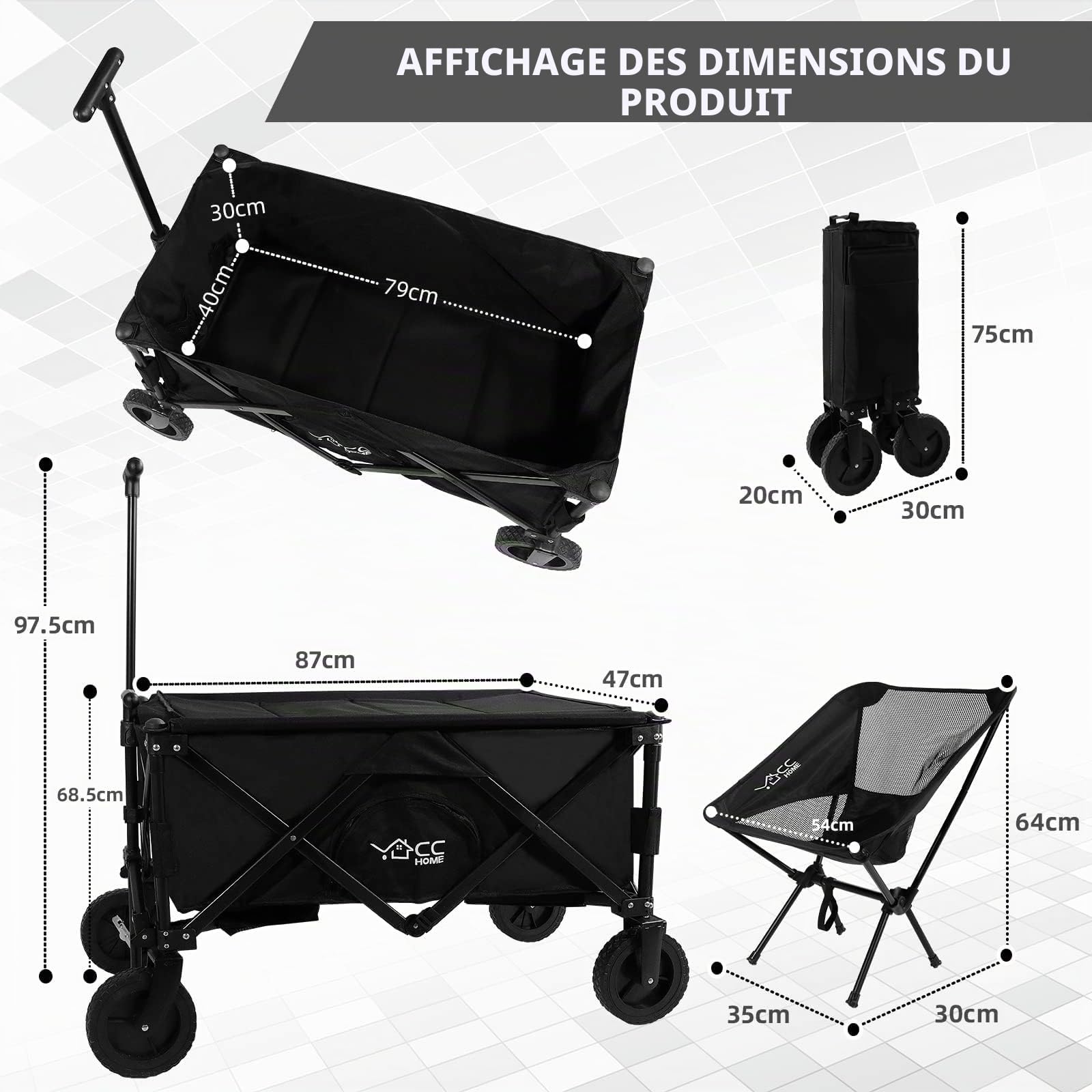 CCLIFE Chariot transport pliable 80 kg noir