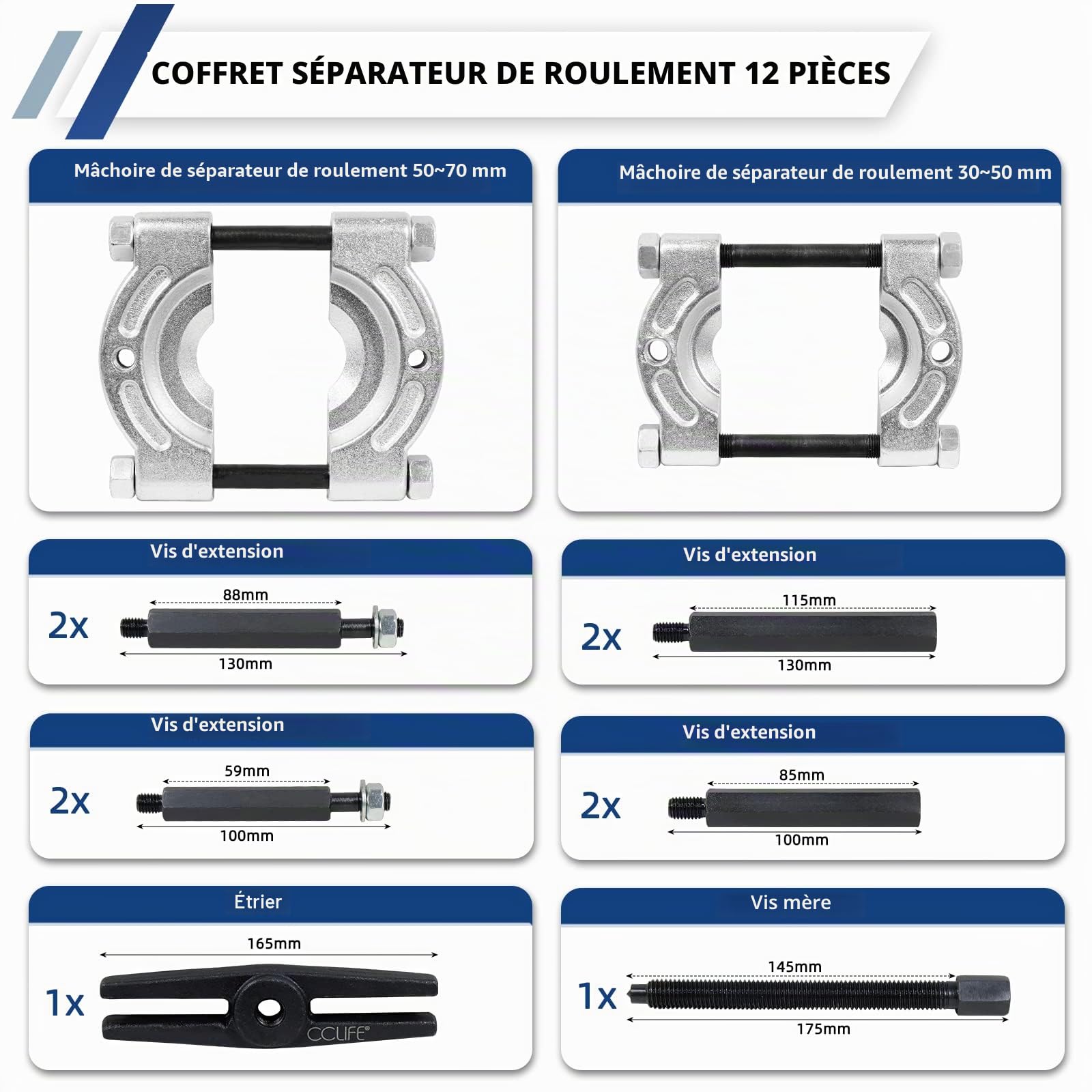 CCLIFE Puller Set extracteur roulement 30-70mm 12 pcs