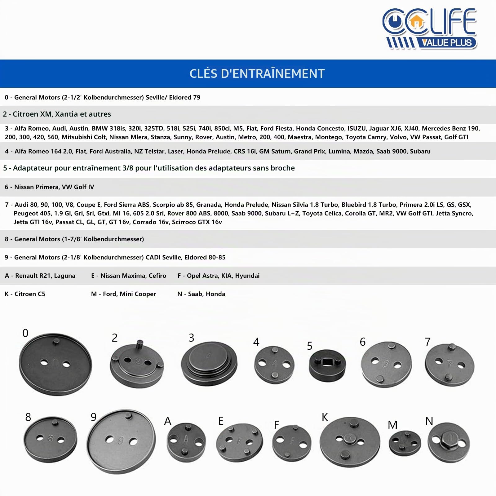 CCLife Brake System Tools repousse piston frein pneumatique 16 pcs