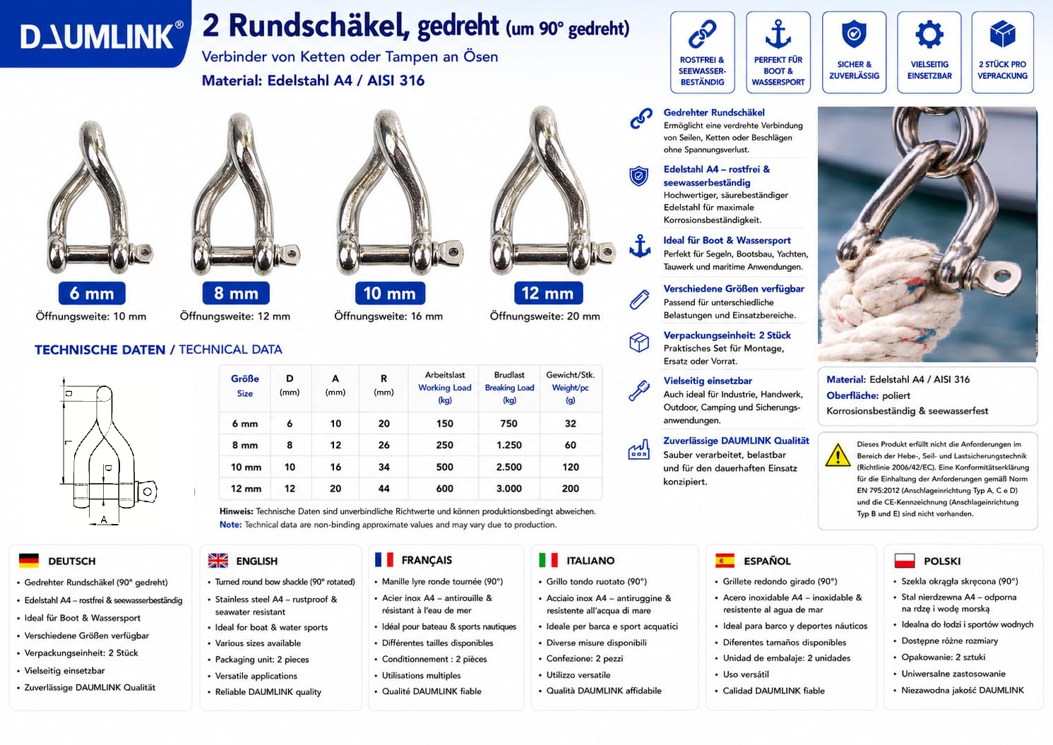 DAUMLINK Manilles manille ronde torsadée M6 inox A4 lot 2