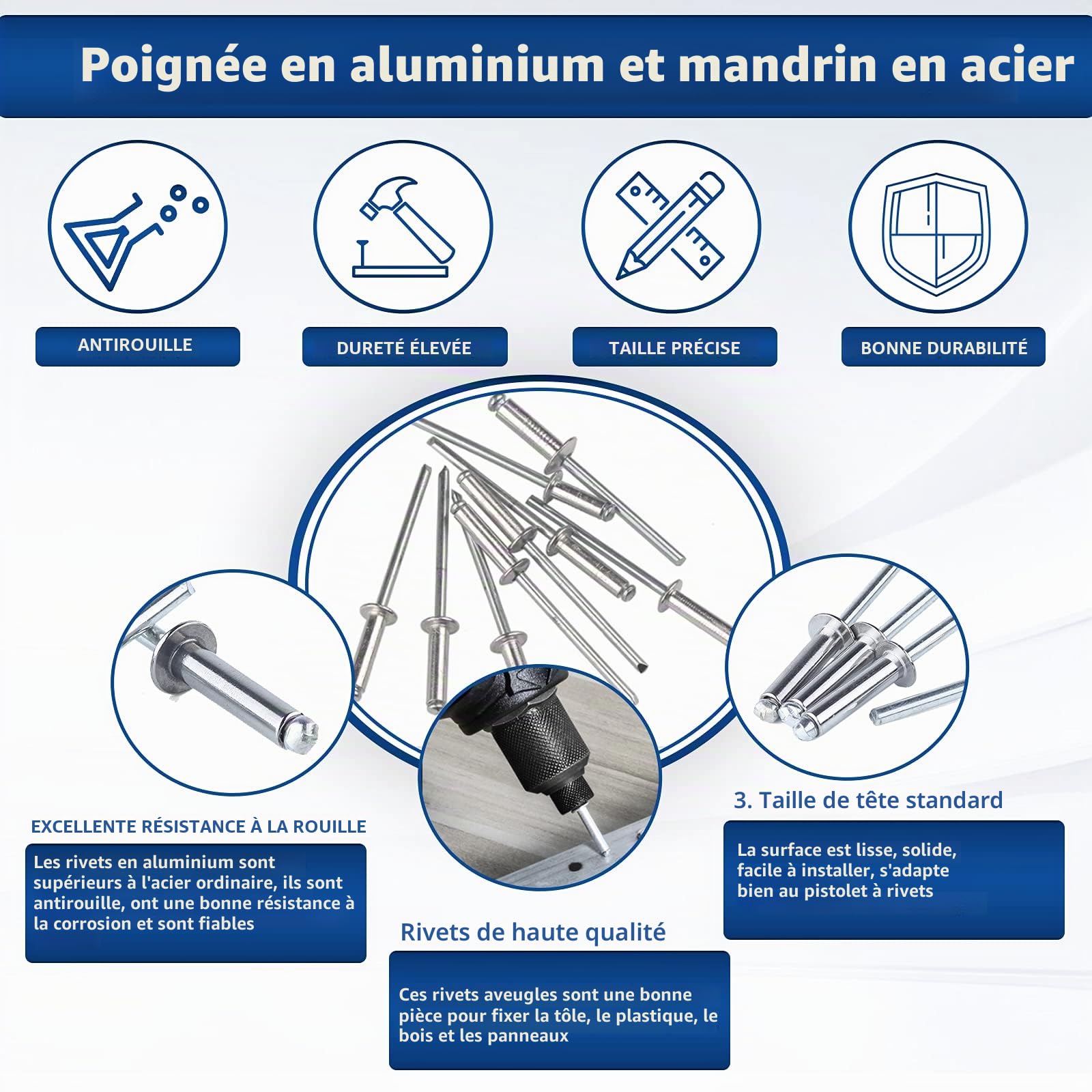 CCLIFE Rivet Guns boîte rivets aveugles alu 1000 pièces