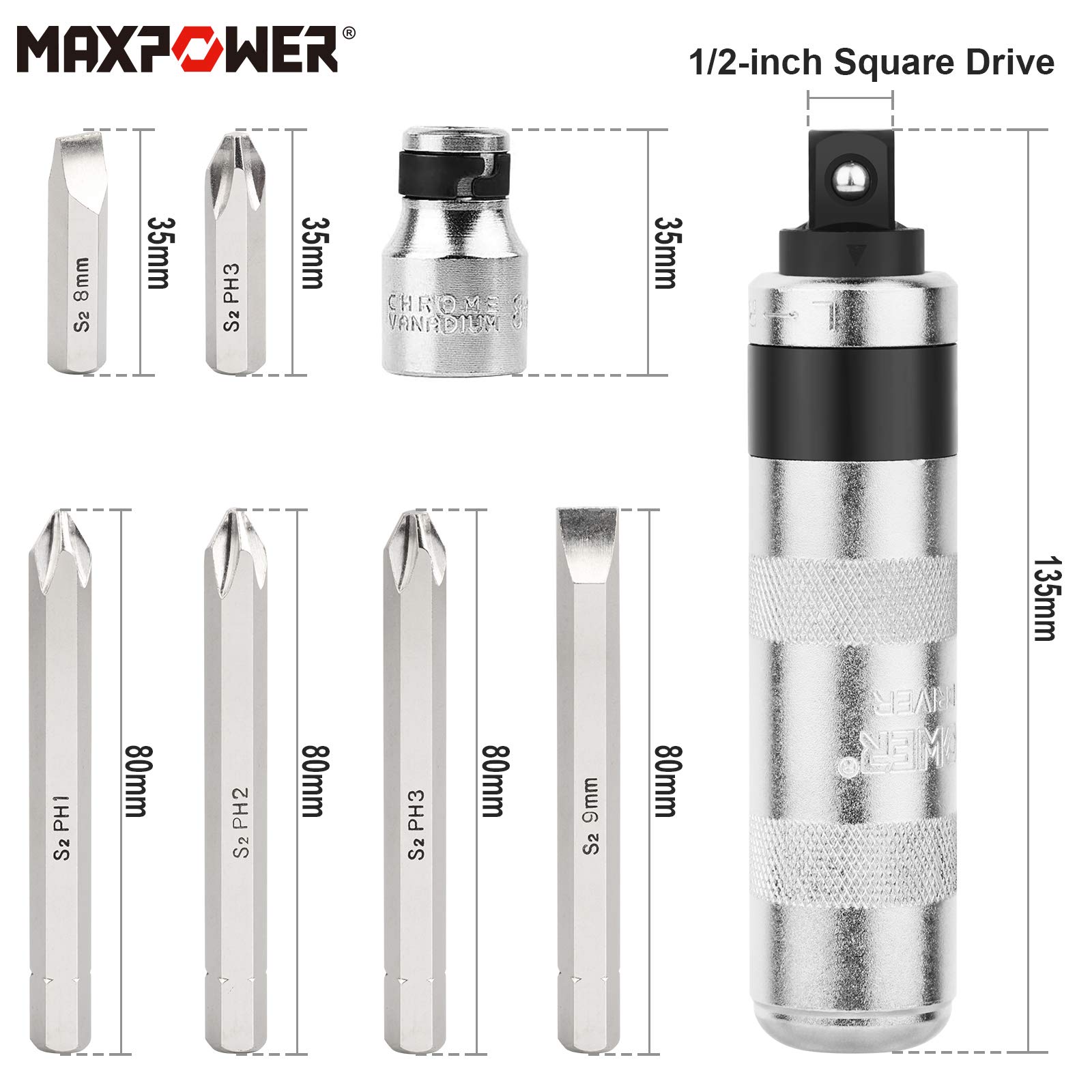 MaxPower Outils de frappe tournevis à frapper 8 pcs 1/2"