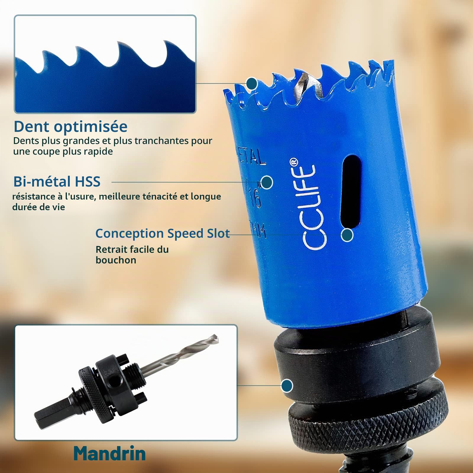 CCLIFE DIY Tools coffret scies cloches 9 pcs 22-64mm bi-métal