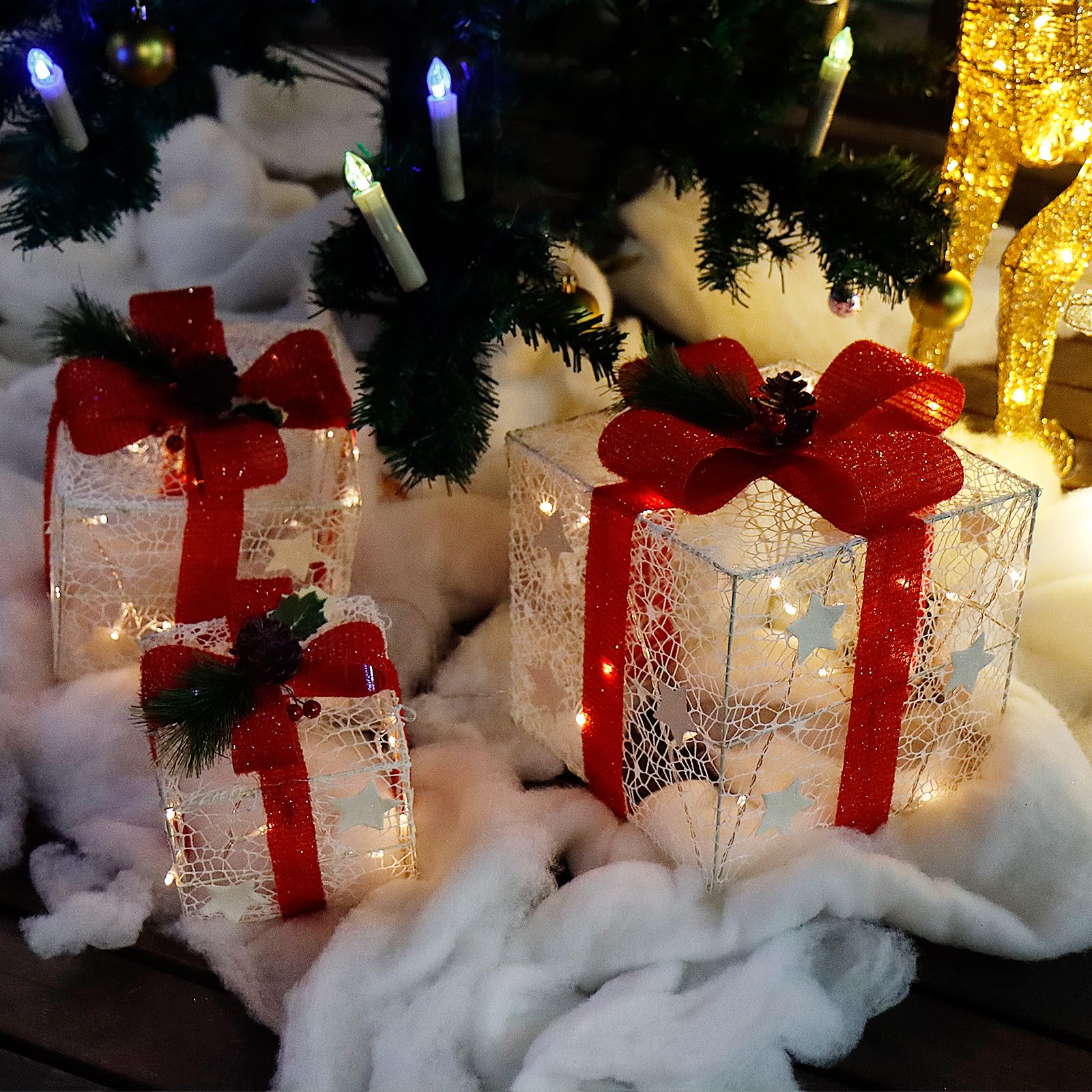 CCLIFE lot 3 boîtes cadeaux lumineuses LED blanc-rouge