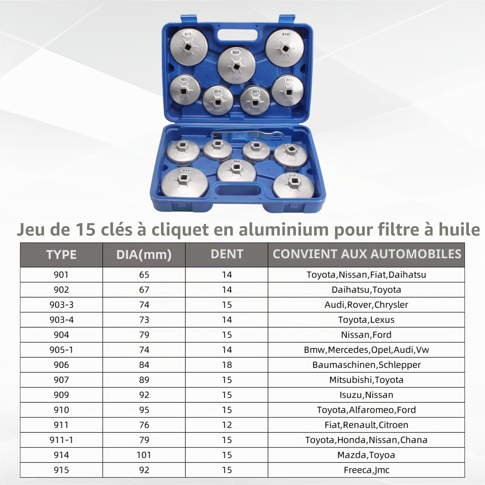 CCLIFE Oil Tools Cloche Filtre à Huile 15 Pcs Alu