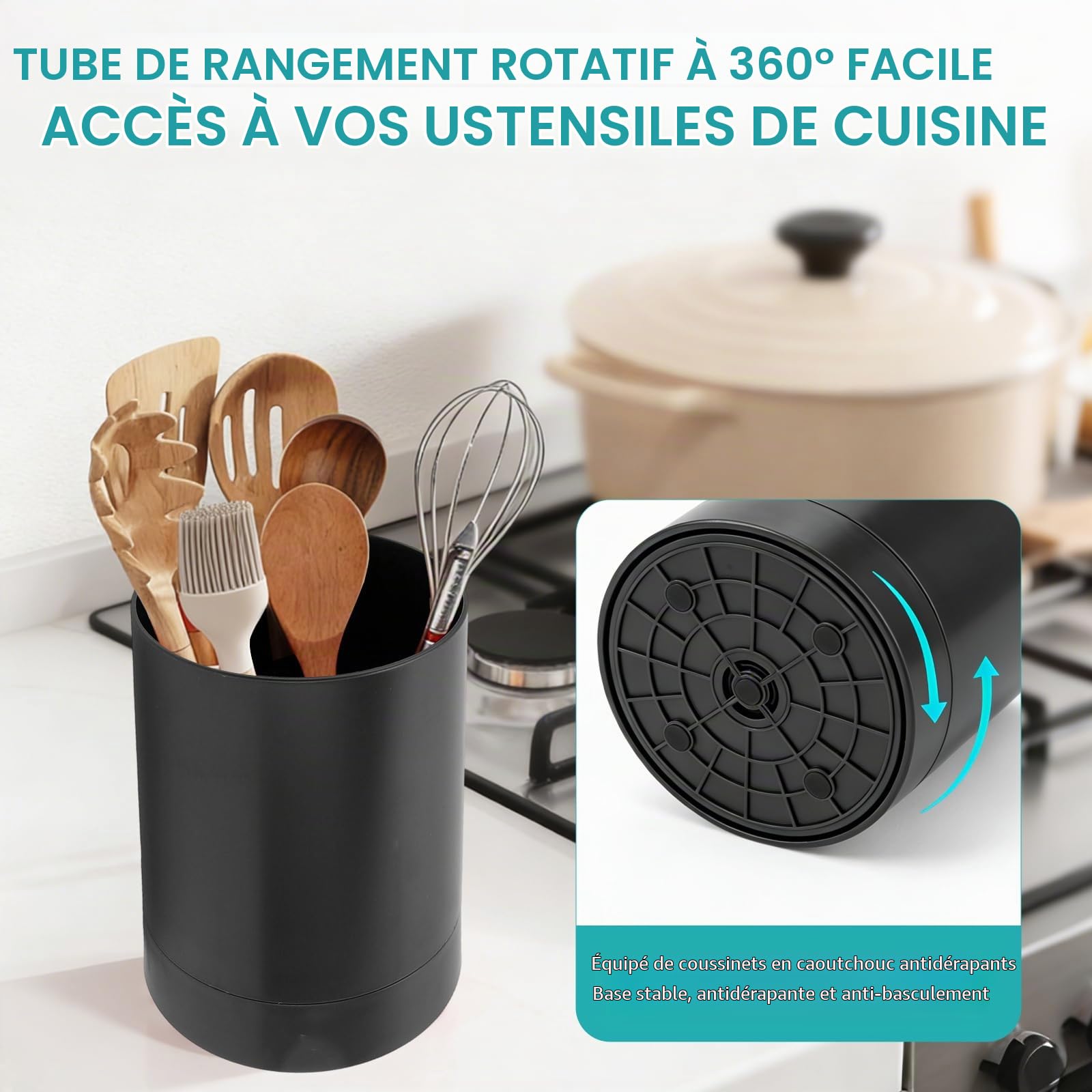 OUKENS Cuisine et maison Porte-ustensiles rotatif 360° noir PP
