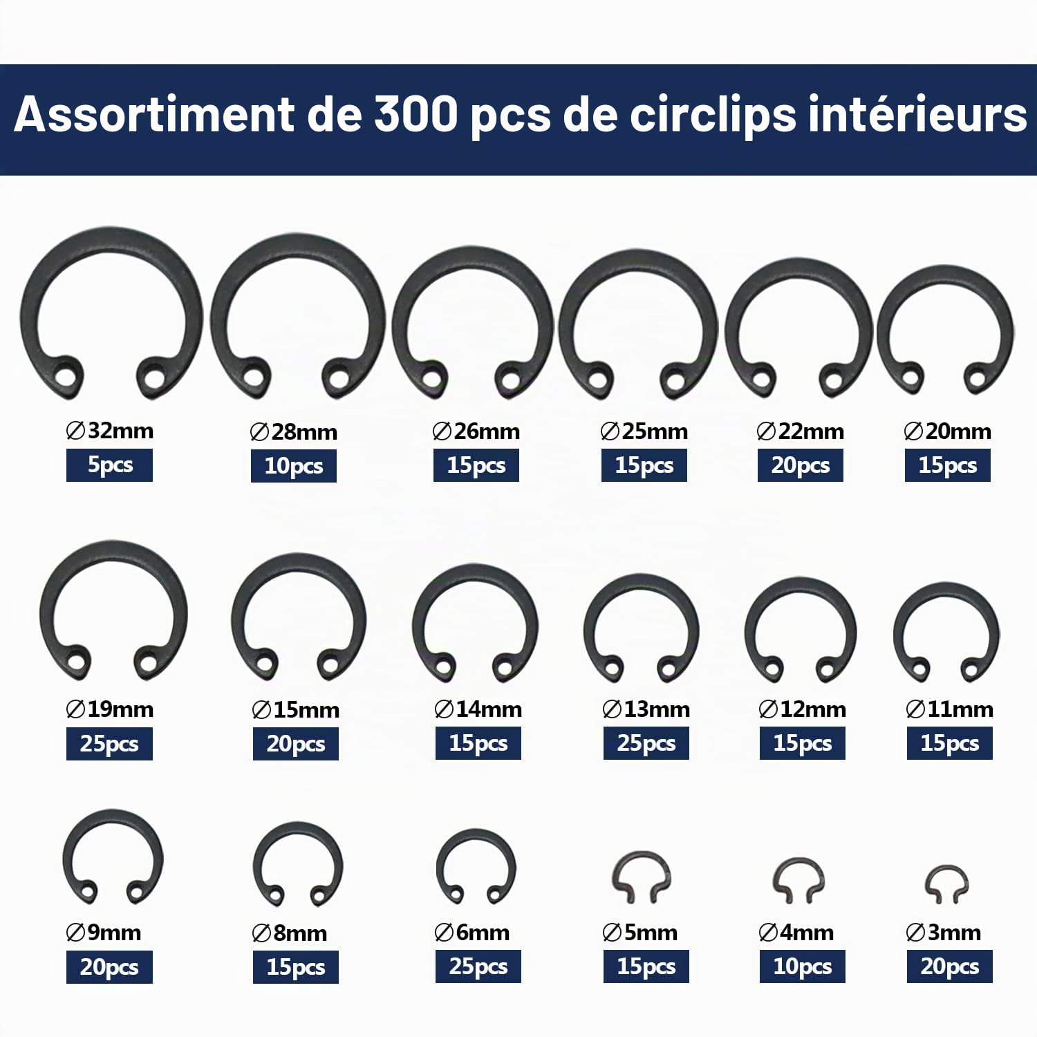 CCLIFE Circlips Intérieur Anneau 300 Pièces Noir 3-32mm