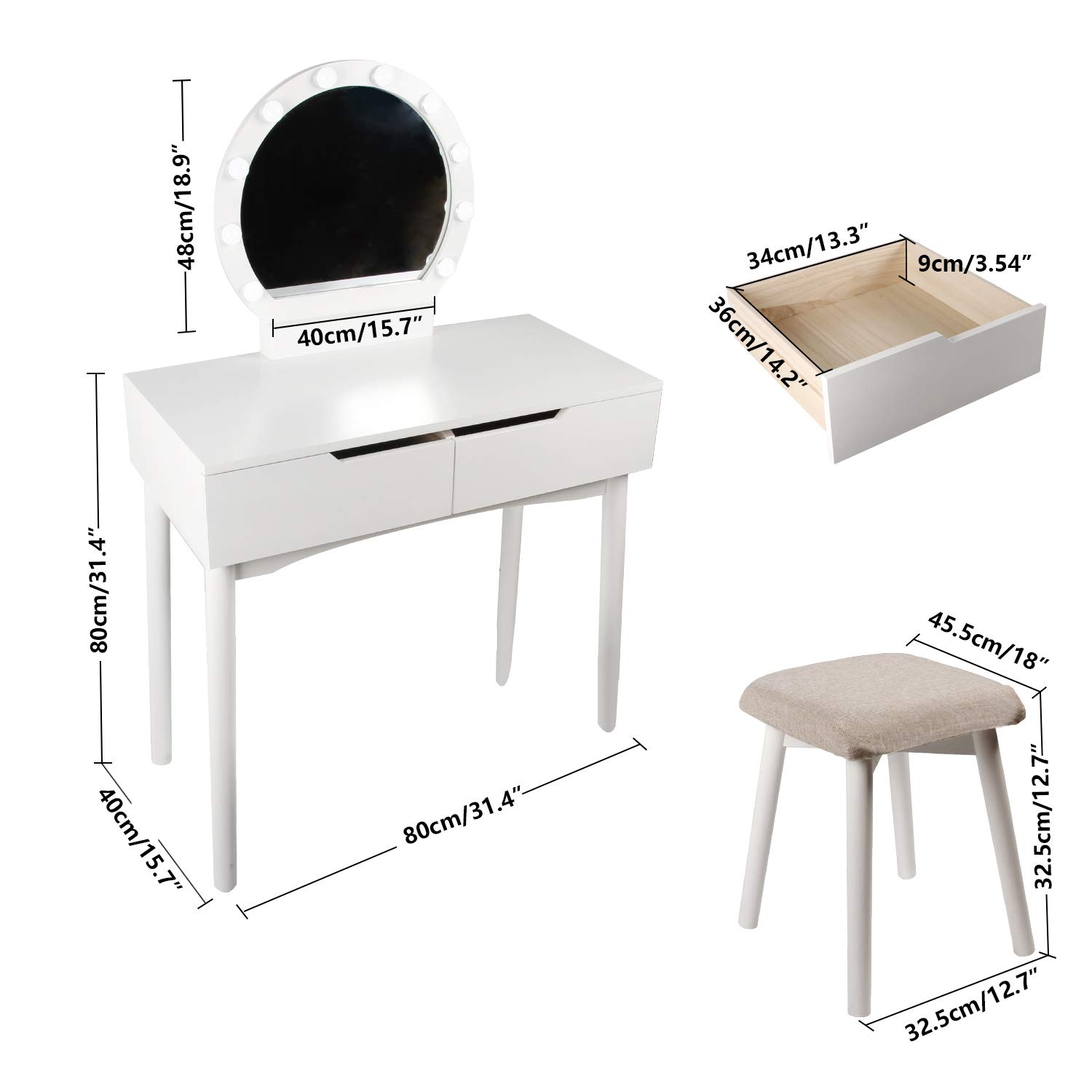 CCLIFE coiffeuse miroir LED blanc tabouret 80x40cm