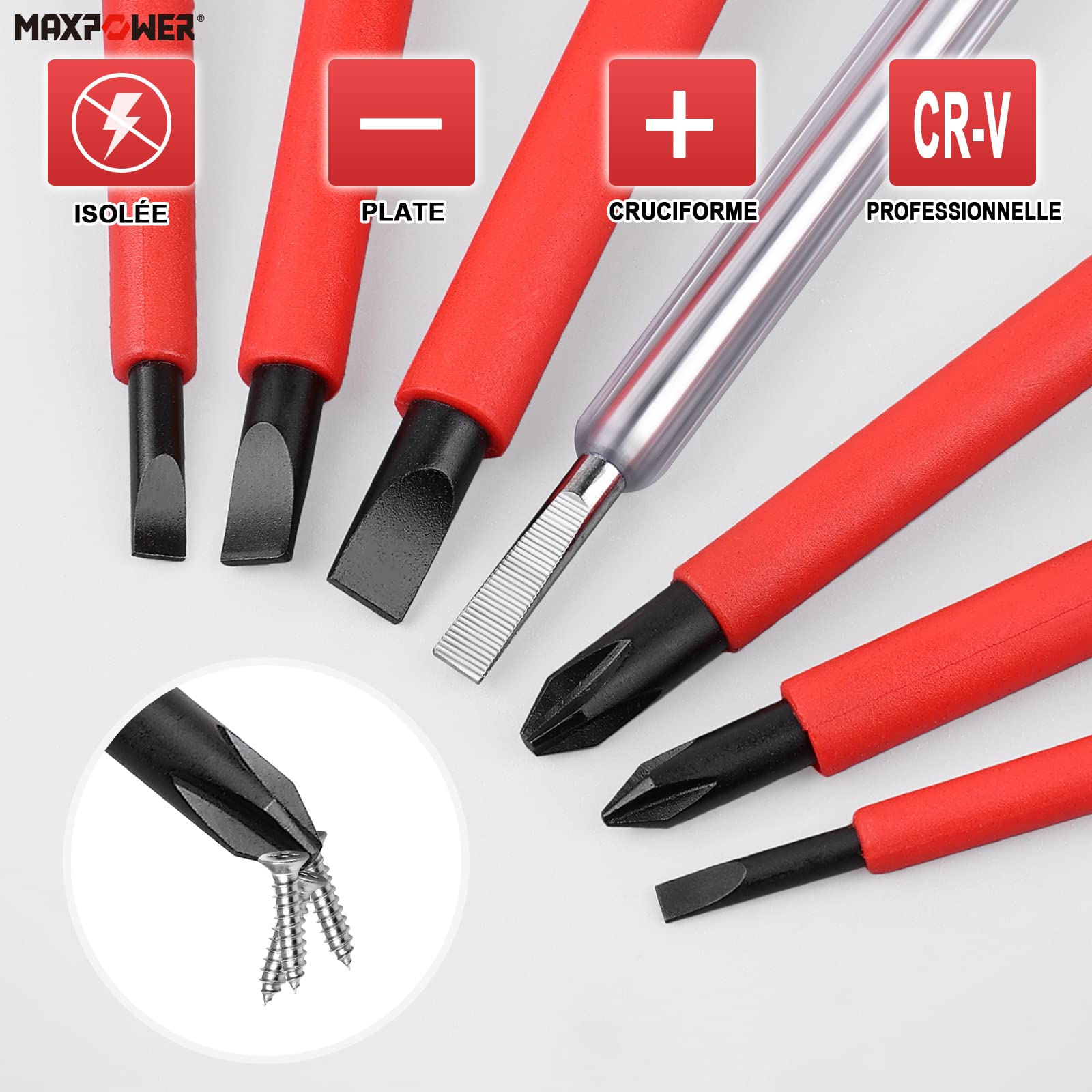MaxPower Outils isolés 7 tournevis 1000V VDE + testeur