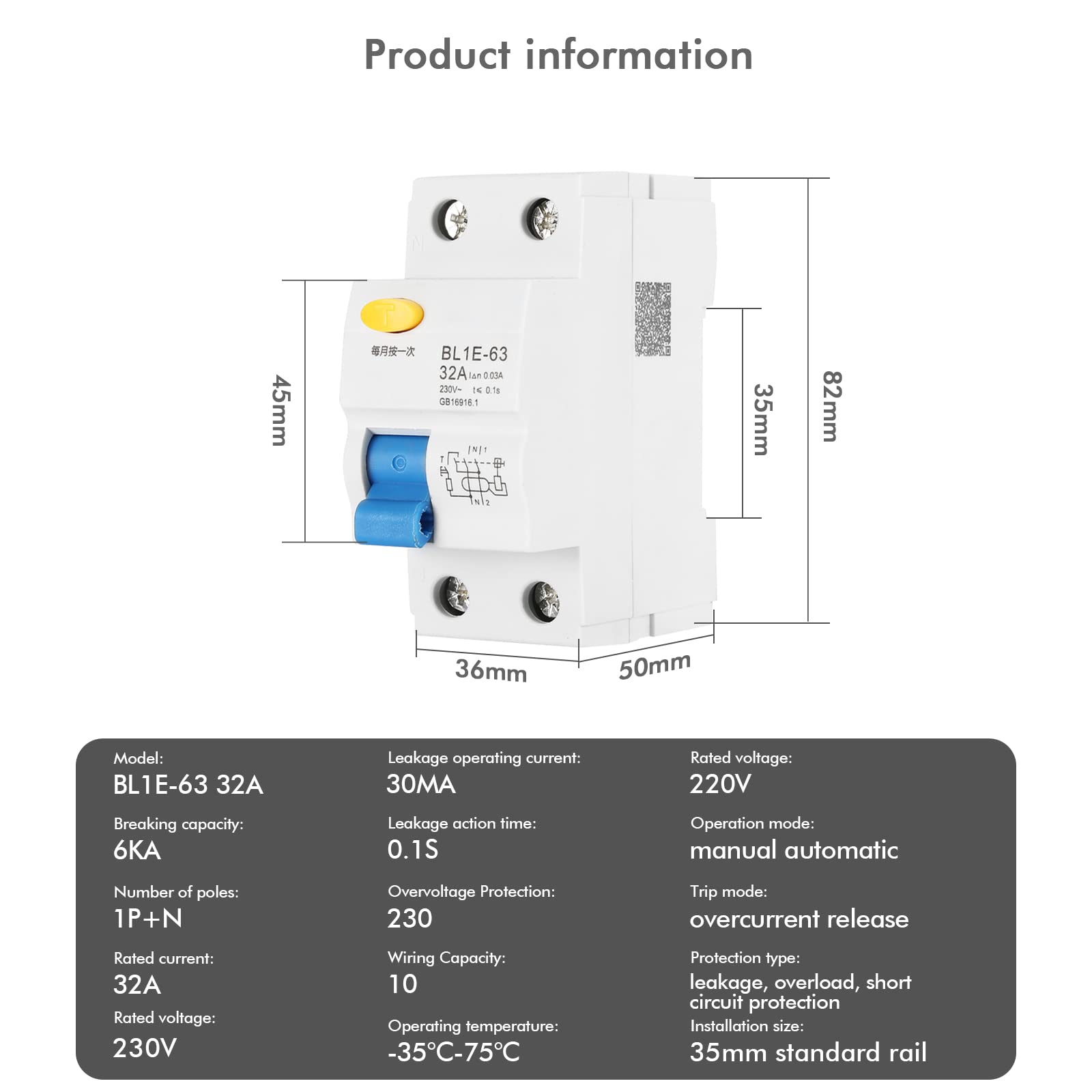 Jadeshay Installation Électrique disjoncteur BL1E-63 32A 30mA