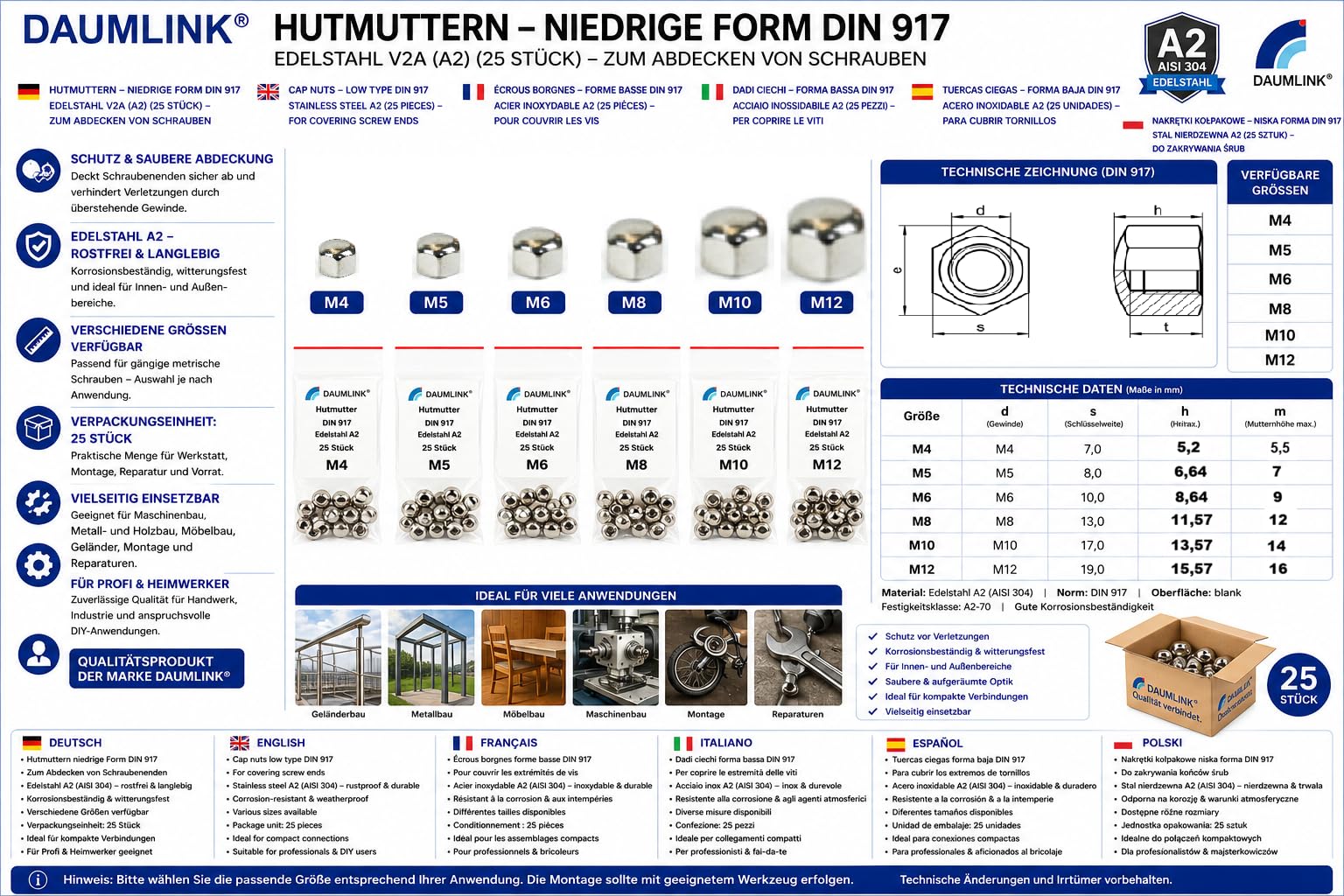Écrou borgne bas DAUMLINK DIN 917 inox A2 M5 lot 25