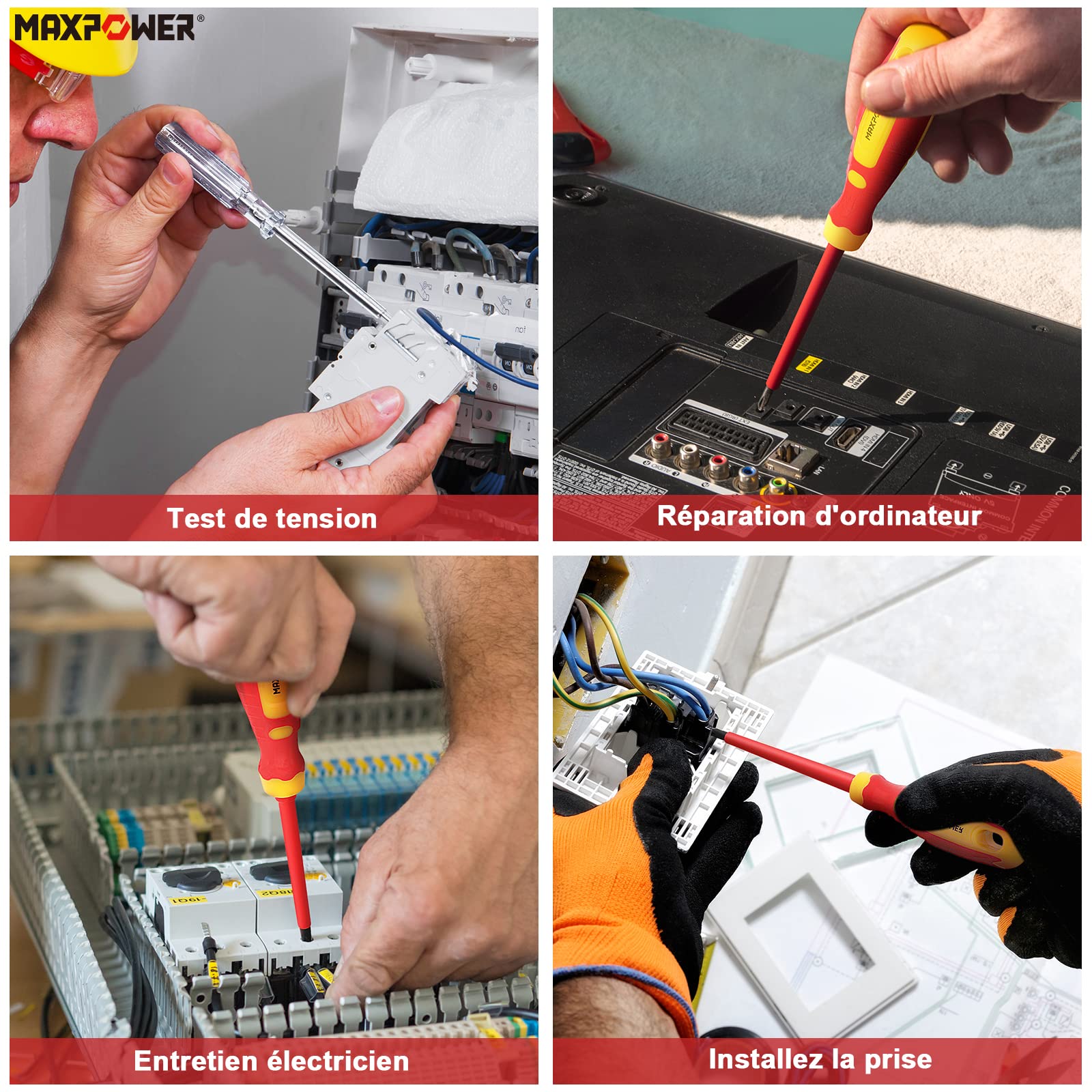 MaxPower Outils isolés 7 tournevis 1000V VDE + testeur
