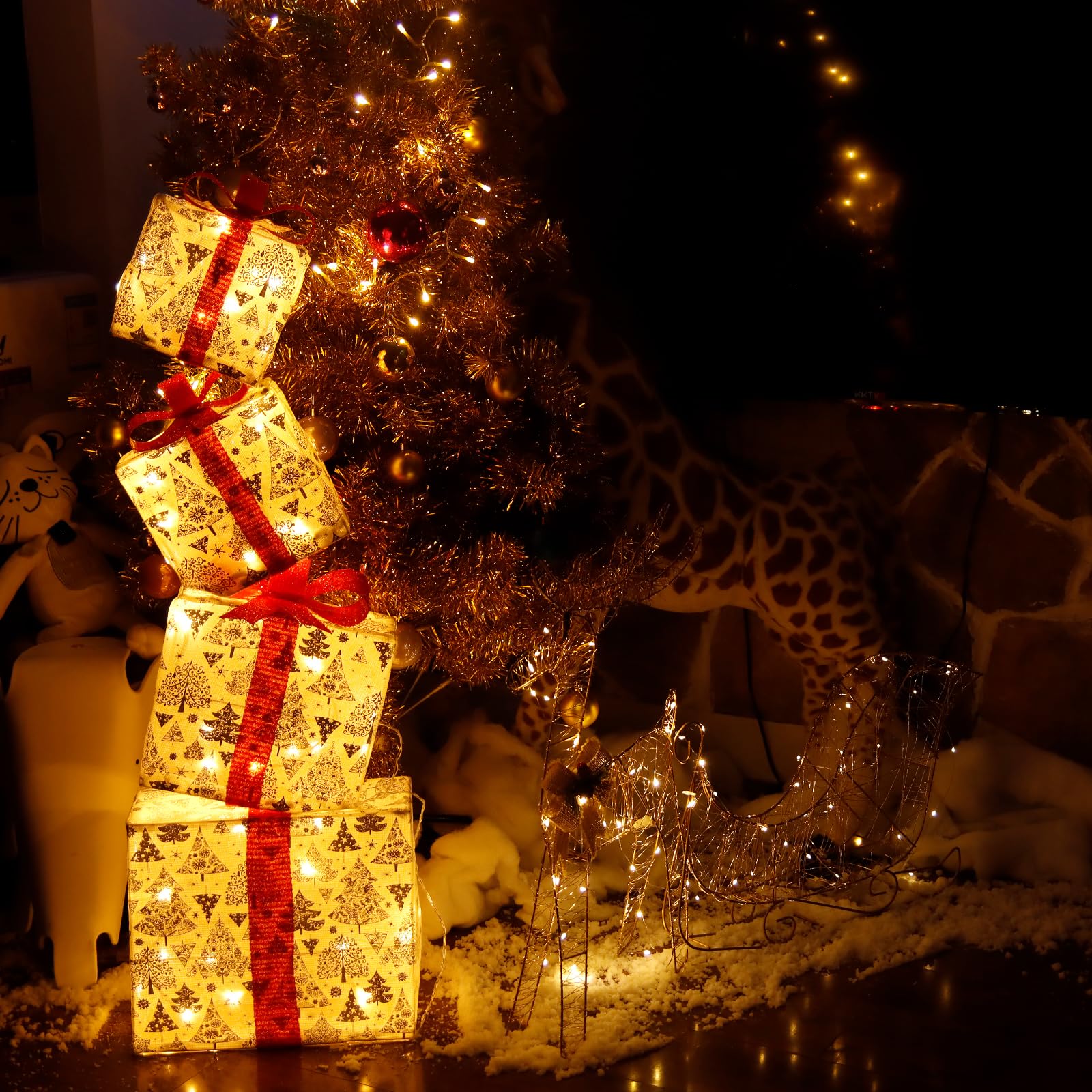 CCLIFE DIY Tools Lot 4 Boîtes Cadeaux LED Noël Beige Blanc