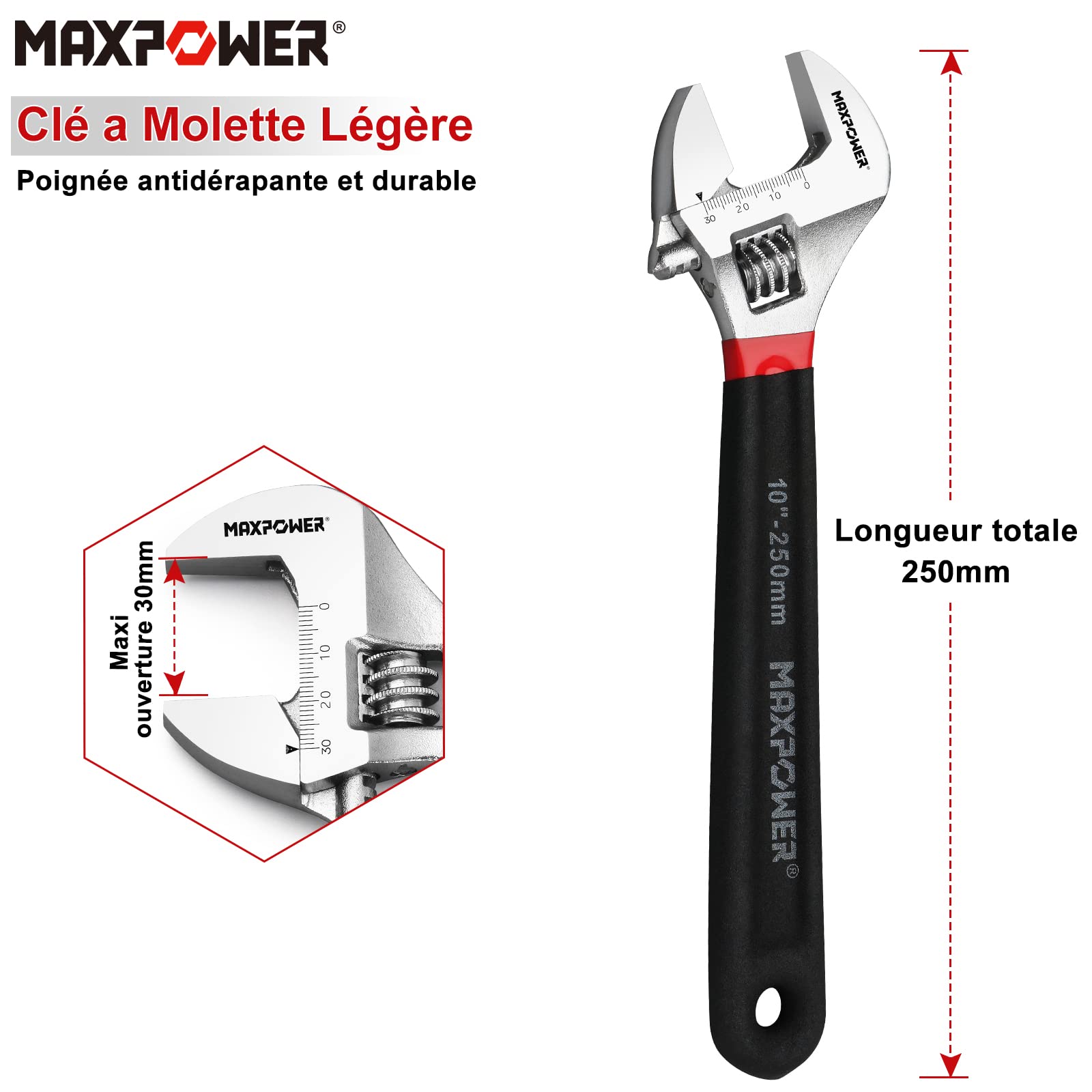 MaxPower Clé clé à molette 250mm Cr-V manche antidérapant