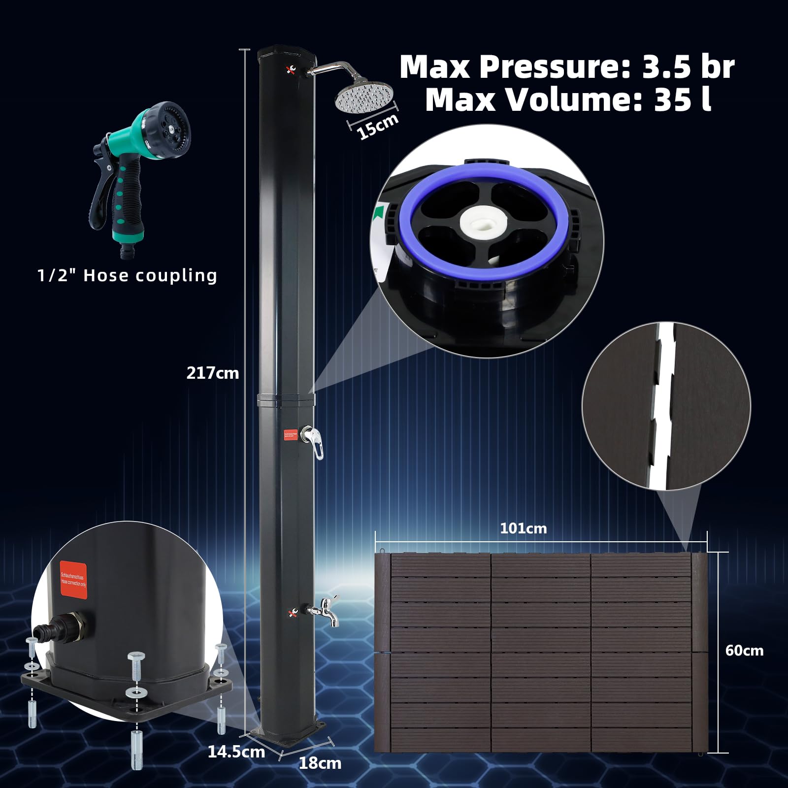 CCLIFE DIY Tools Douche Solaire 35L avec Socle Noir